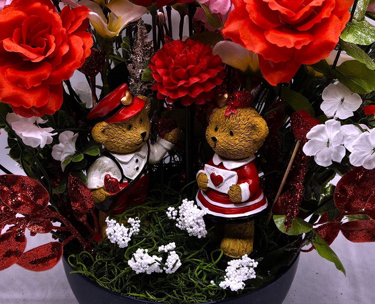 Romantic Centerpiece Sweetheart Bears, Bear Figures with Red Roses, Pink Carnations, Valentine's Gift