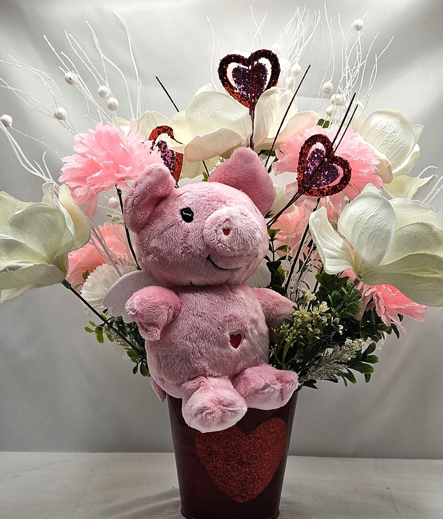 Love Teddy Bear or Flying Pig Floral Centerpiece, Roses Carnations Magnolias, Glittery Hearts, Home Decor, VALENTINE