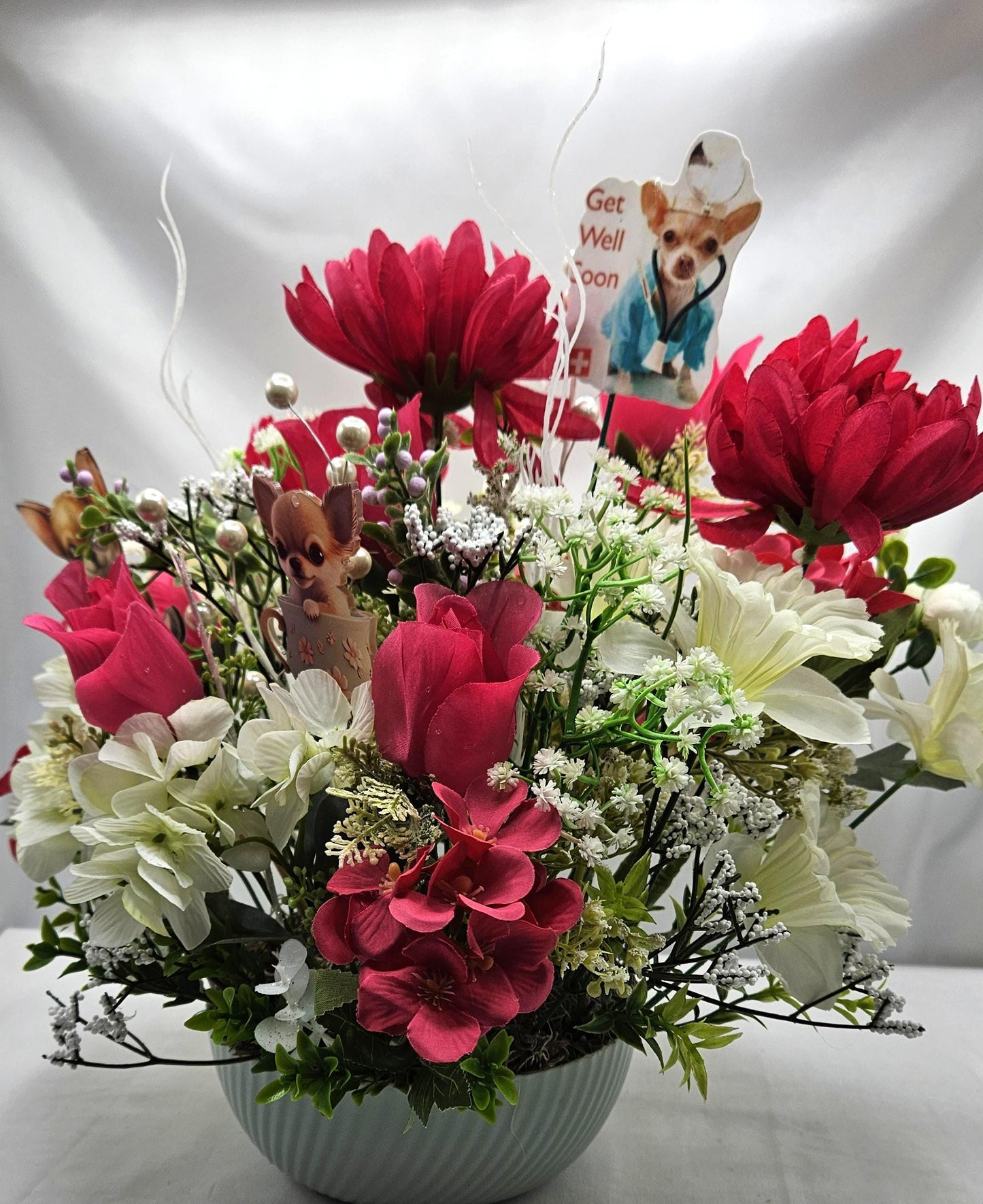 Get Well/Feel Better Floral Arrangeements Featuring Cheerful Chihuahua Pups Amidst a Red/White Flower Garden/Baby's Breath/Glitter Accents
