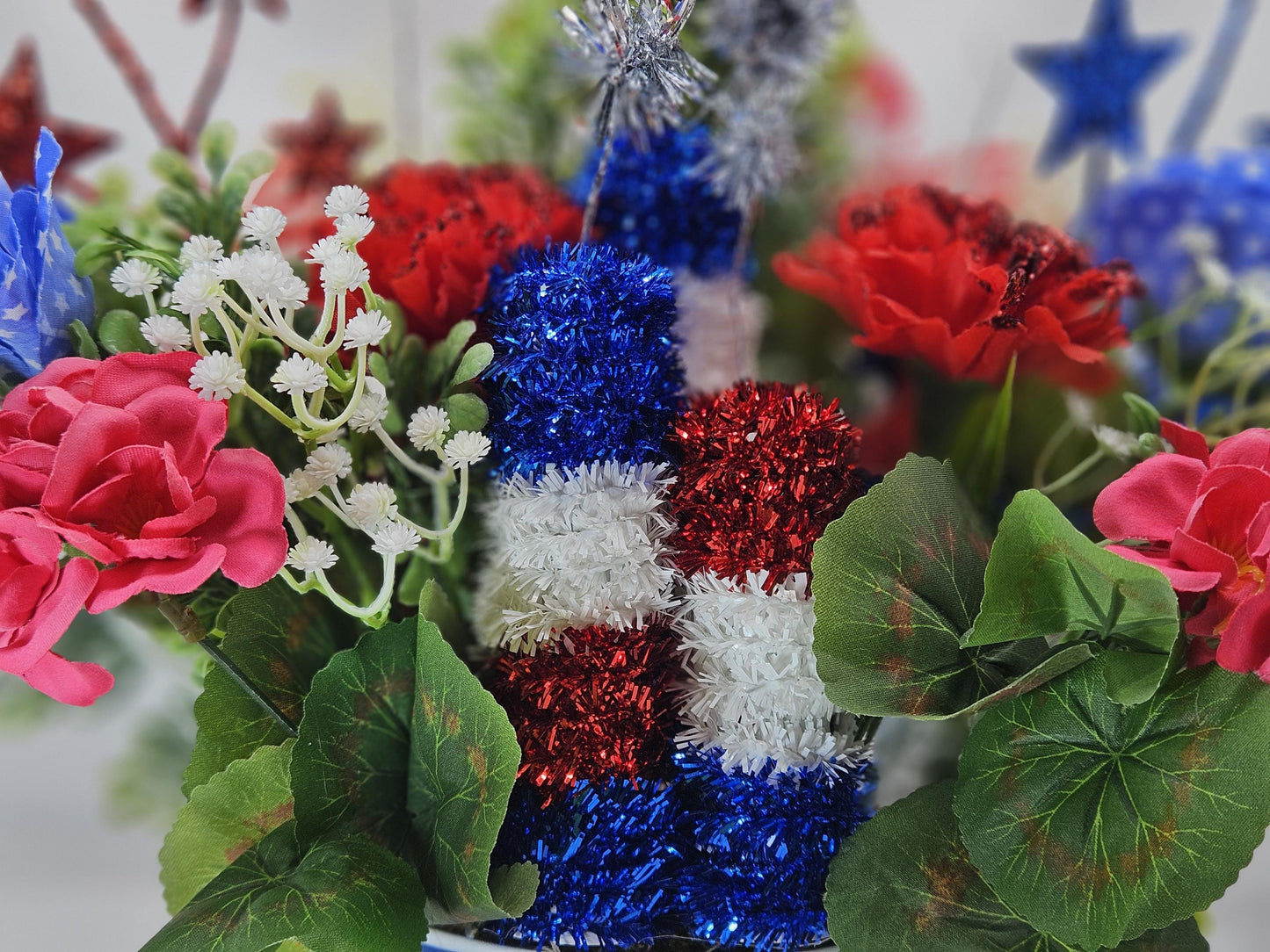 Great American Pride/Patriotic Floral Arrangements/2 Options/FireCracker or Cowboy Cow/Red/Whte/Blue Flowers/Stars Other Patriotic Accents
