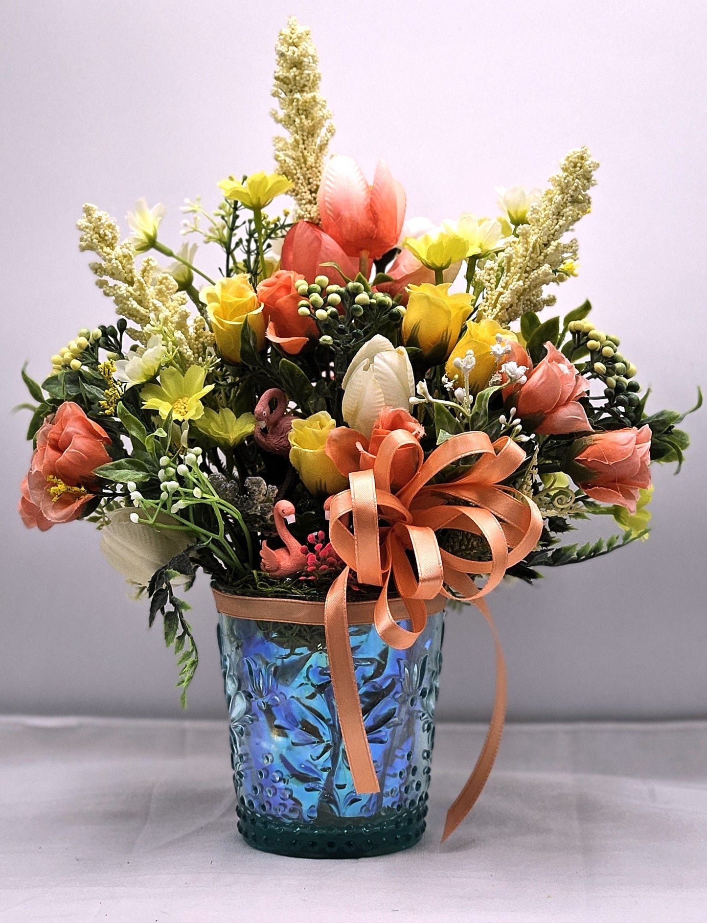 Flamingos Set in Blue Ribbon Deco Glass with Peach/Yellow/cream Colored Flowers/ Peach Bow, Flamingo Lover Gift, Gift for Her, Animal Lover