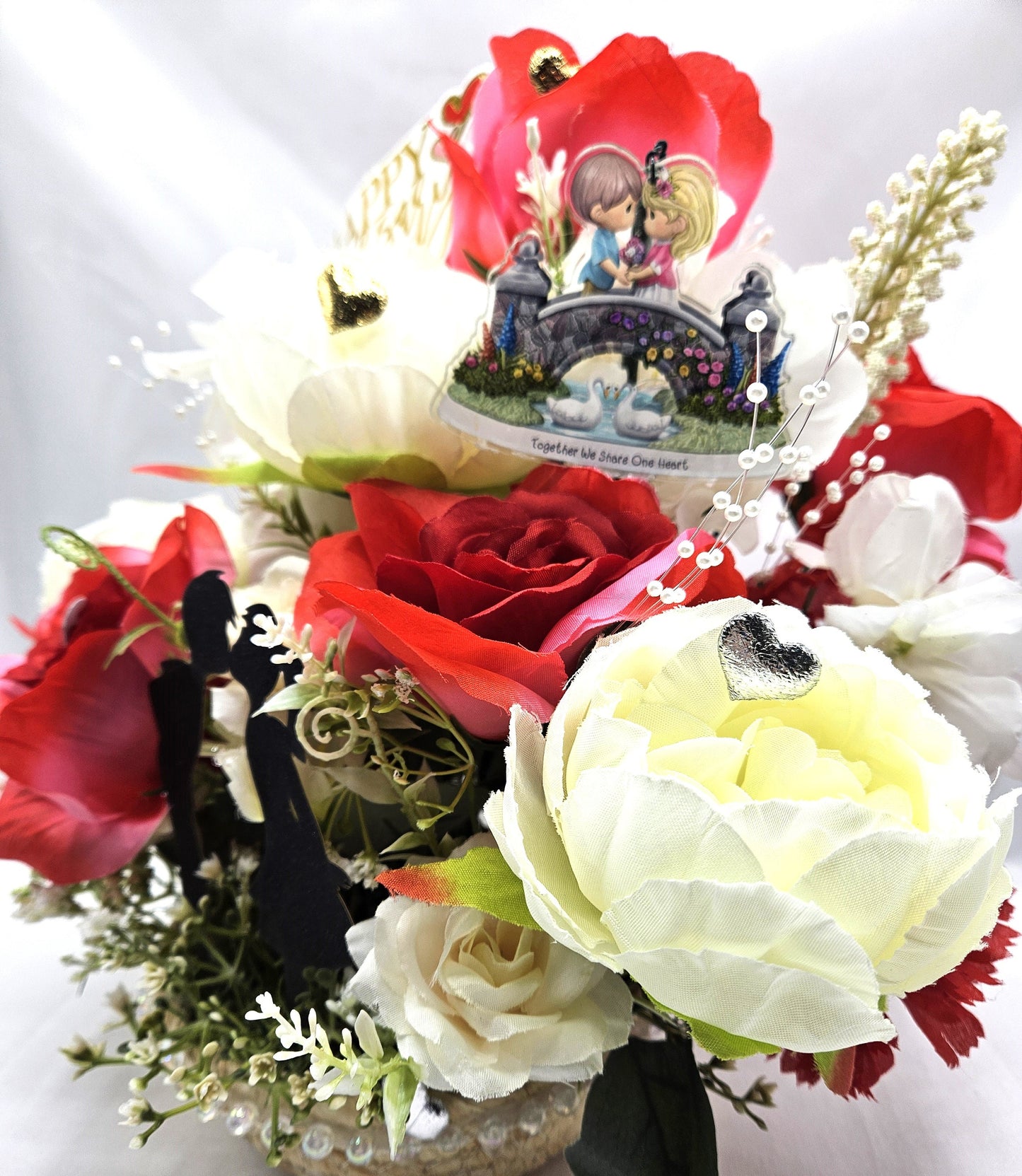 Happy Anniversary Flower Arrangement Features Shadow Kissing Couple, Sentimental Sign, Together We Share One Heart, Shiny Hearts/Pearl Trim