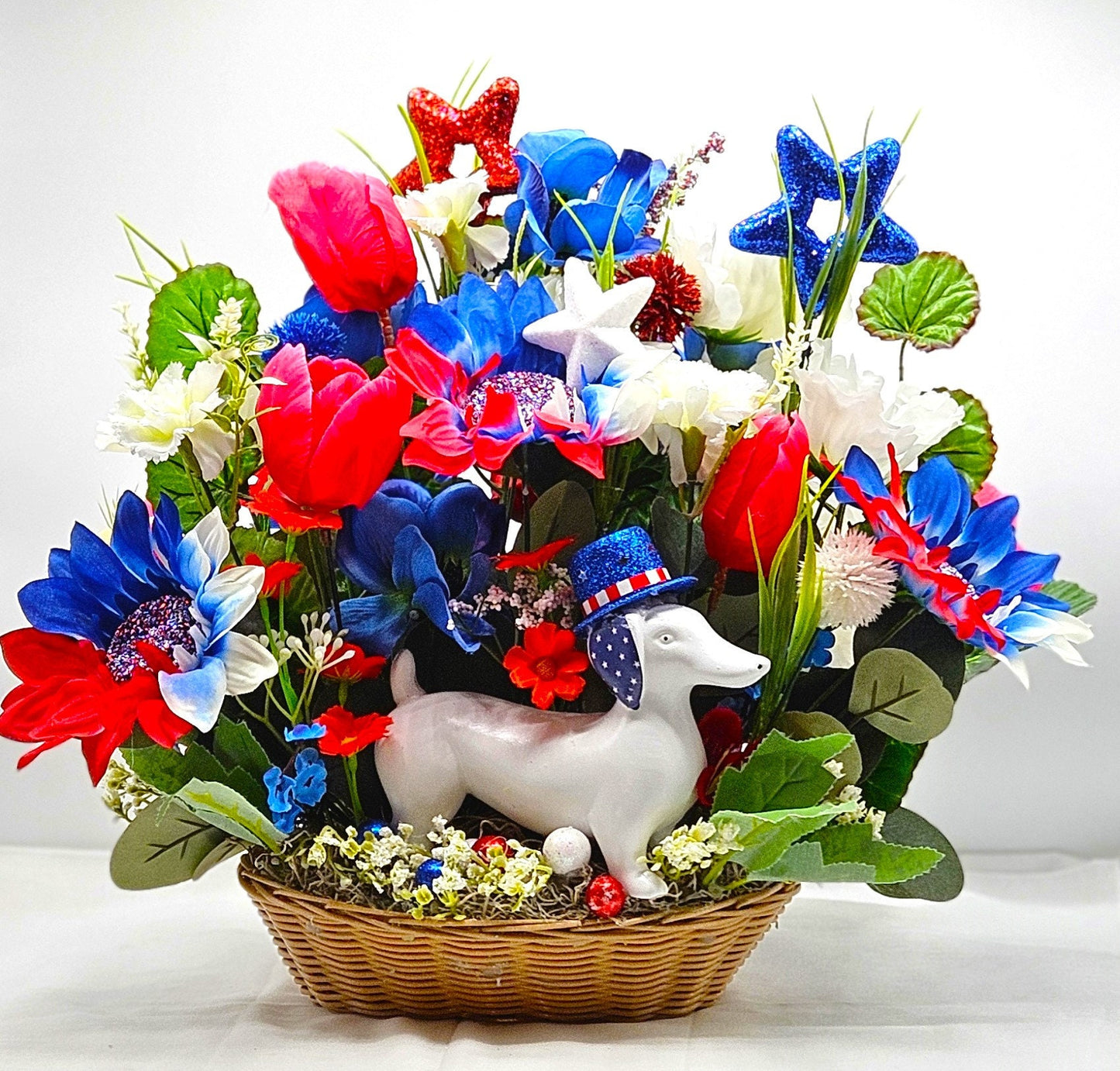 Red White Blue Weiner Dog Flower Arrangement, Patriotic Dachshund Decor, American Hat, God Bless America Gift