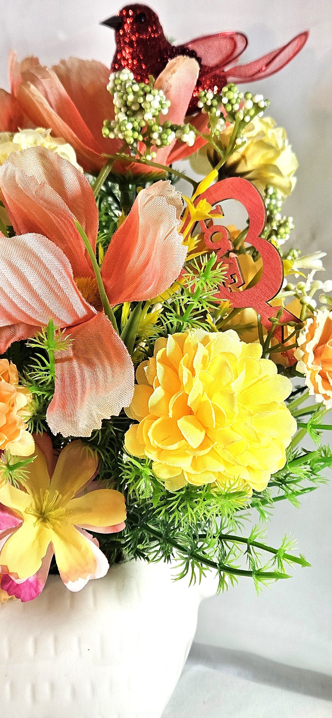 Love Ceramic Llama Arrangement: Peach/Yellow Blooms with Heartfelt Messages & Cute Bird, Perfect for Romantic Gift Occasions