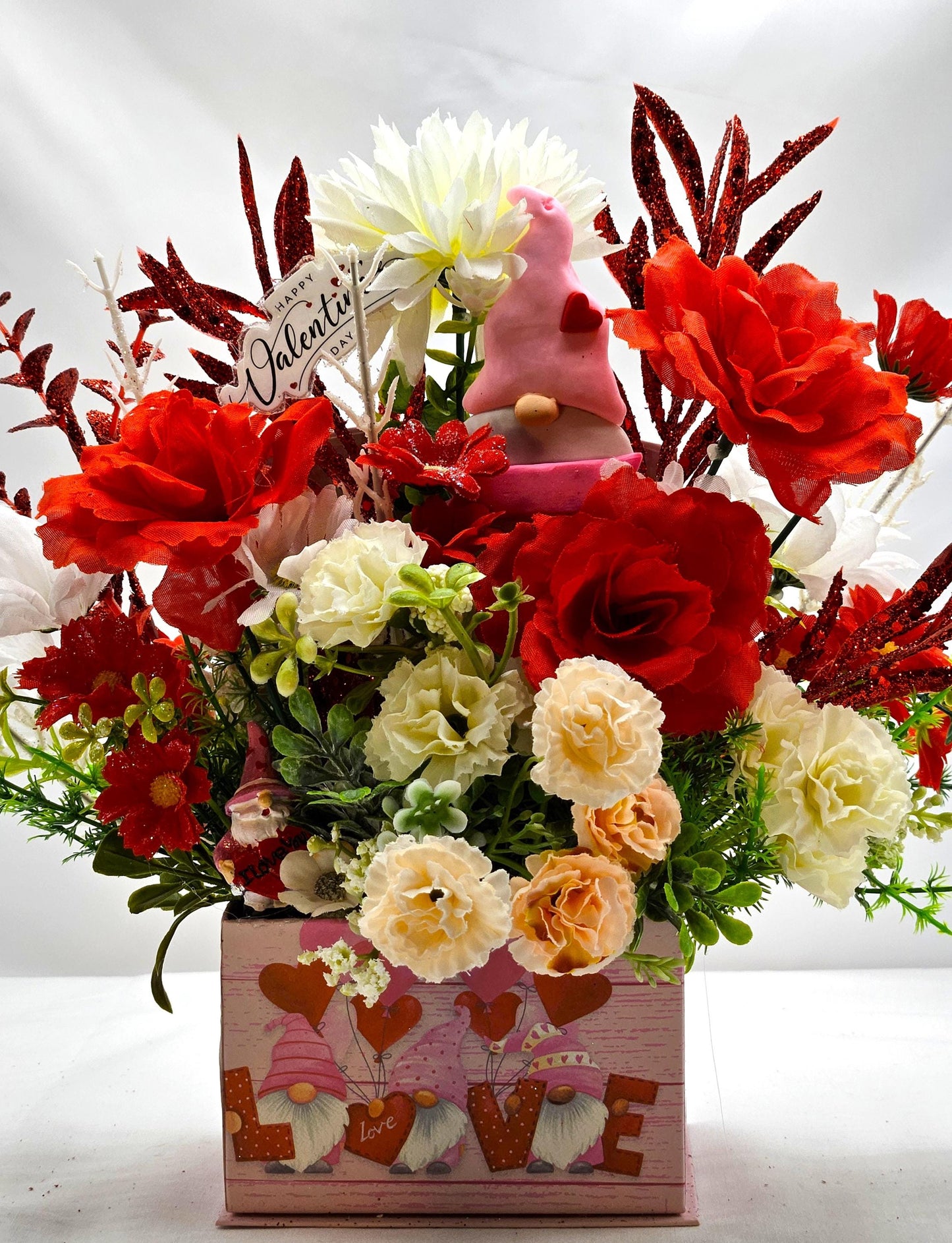 Gnome Heart Romance, Floral Arrangement in Decorated box w/lid, Two Options, Red Carnations/White Roses or Red Roses/White Carnations /Love