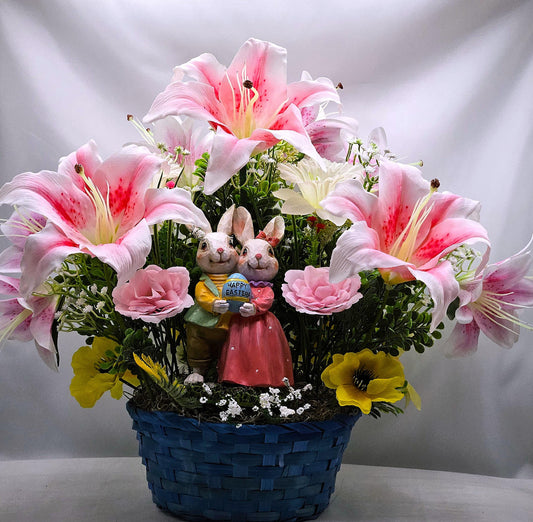 Cheerful Rabbit Couple Holding Happy Easter Egg/Amidst Large Colorful Lilies/Other Florals/Greenery/Blue Easter Basket/Great Home Decor/Gift