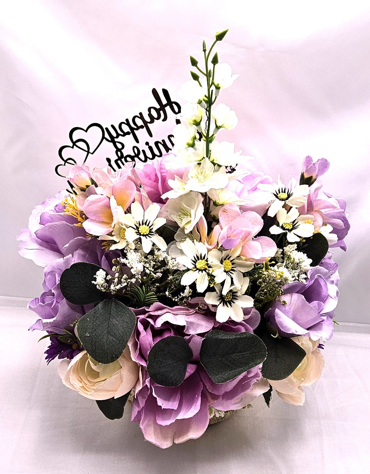 Grandparents, Parents  Happy Anniversary Flower Arrangement in woven basket, Grandma/Grandpa in Love, Roses/Romantic Accents/Lilac/Pink