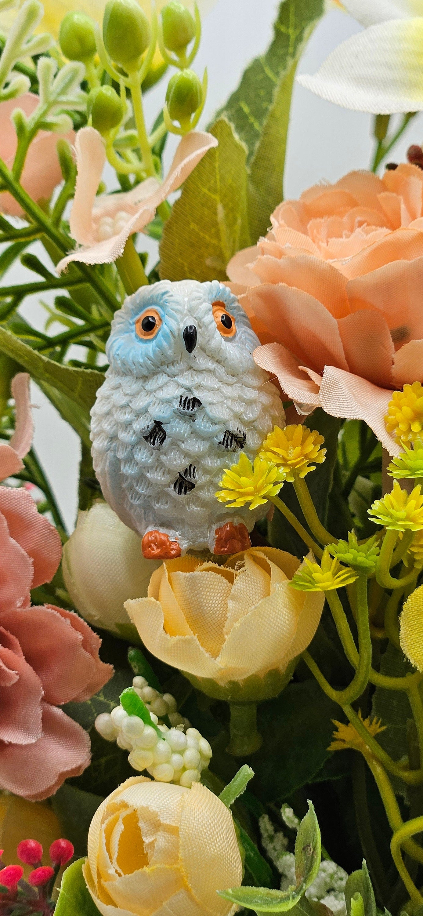 Ceramic Owl Planter, Yellow/Peach Roses/Various Other Flowers, Owl figurine, Owl Lover Gift, Gift for Nature Lover, Gifts for Any Occasion