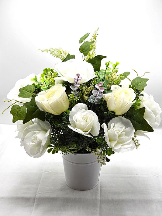 Handmade White Silk Roses Decor - Vintage-Style Tin Vase, Unique Mother's Day or Anniversary Gift, Adds Romance to Any Room