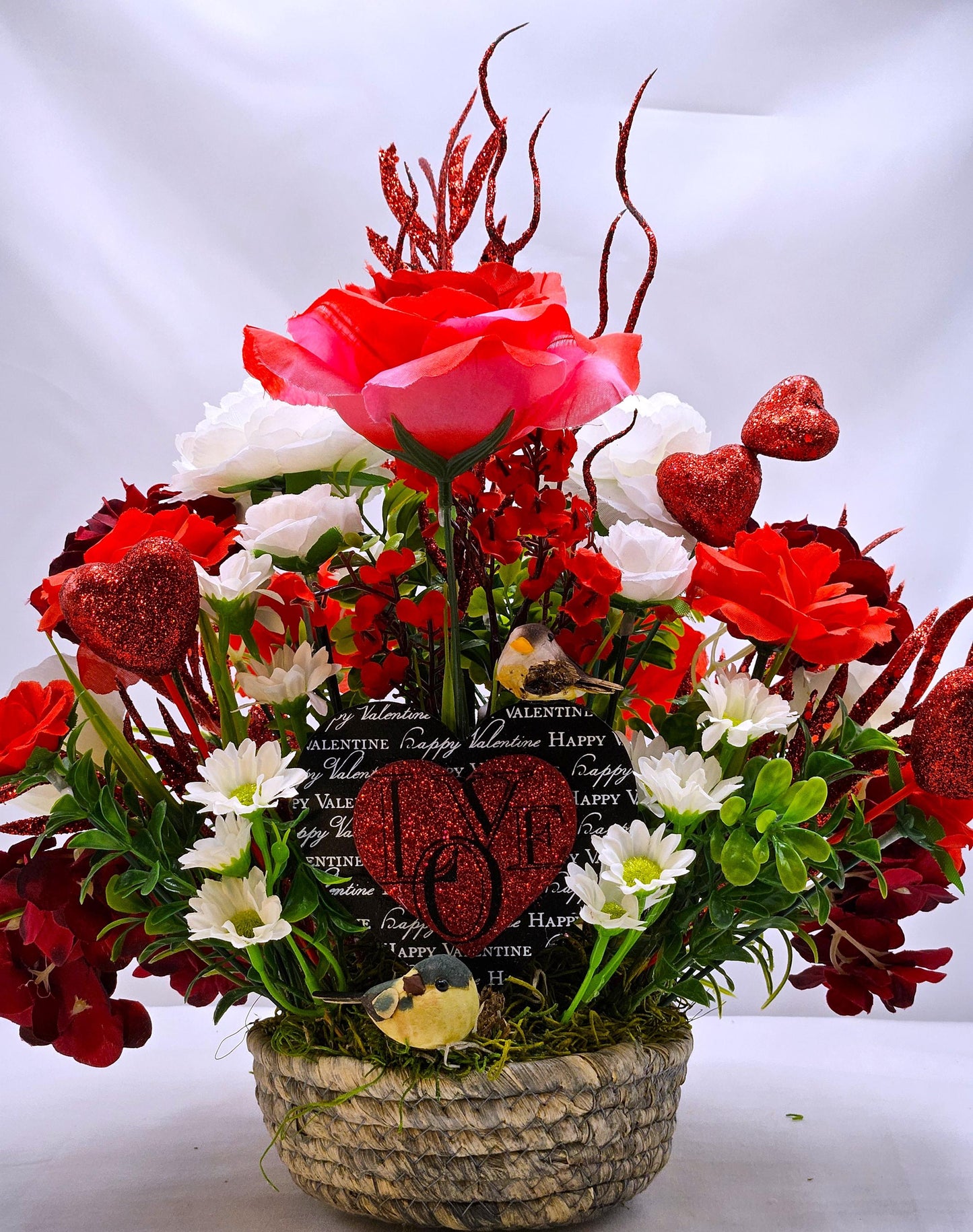 Valentine Floral Heart Garden Decor, Red Roses, White Daisies, Hydrangea, Greenery, Mushroom Birds Accent, Romantic Gift