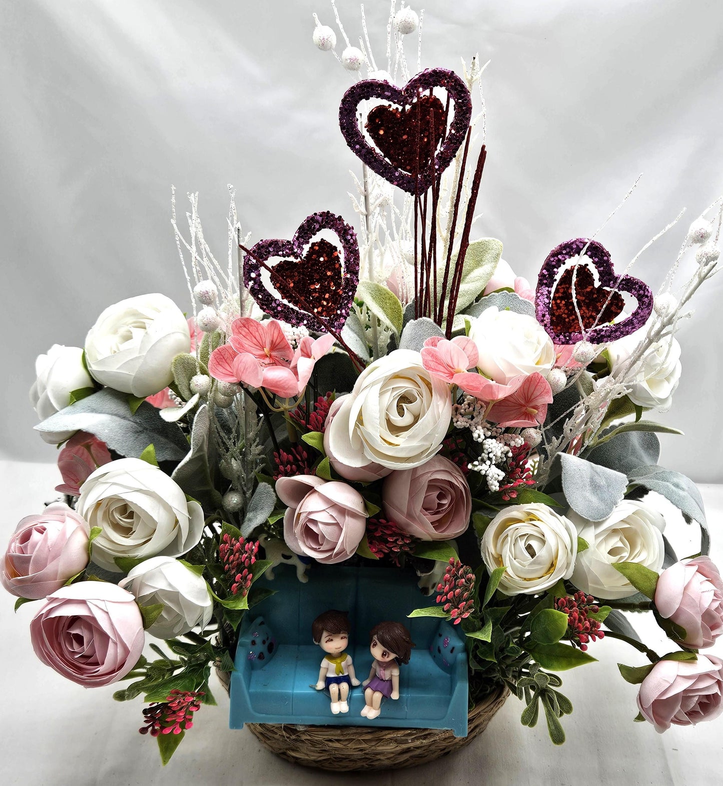 Romantic Couple On Sofa With Puppy And Kitty, Garden Roses, Glittery Hearts, Valentine Gift, I Love You Present