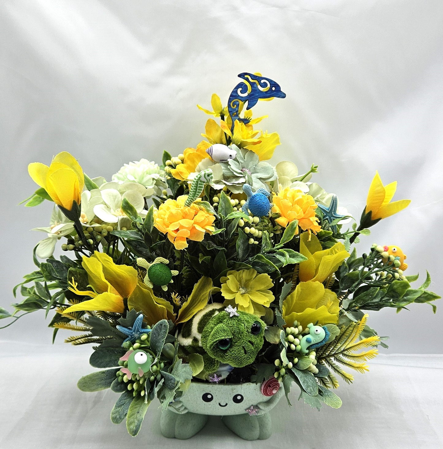 Turtle Lovers Floral Arrangement in Footed Dish/Plush Turtle   in Green and Yellow Flowers with  Sea Accents