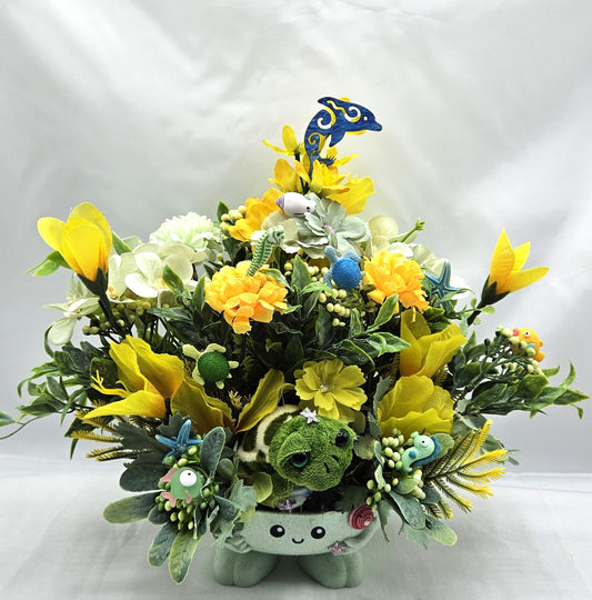 Turtle Lovers Floral Arrangement in Footed Dish/Plush Turtle   in Green and Yellow Flowers with  Sea Accents