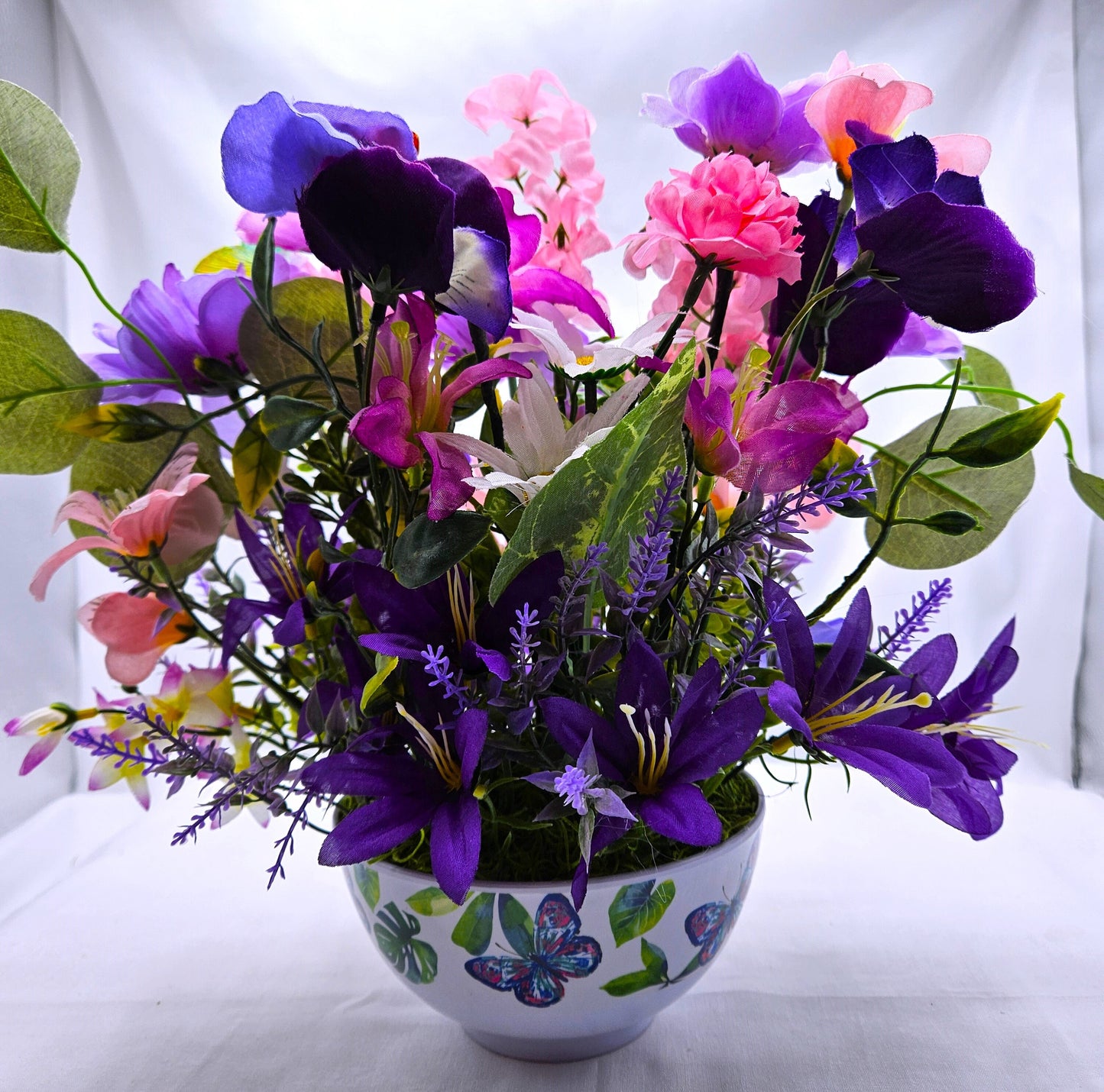 Bowl of Flowers for the Butterfly Lover,  Purple/Pink flowers, Several buterflies within the floral garden, Great Butterly Lover Gift
