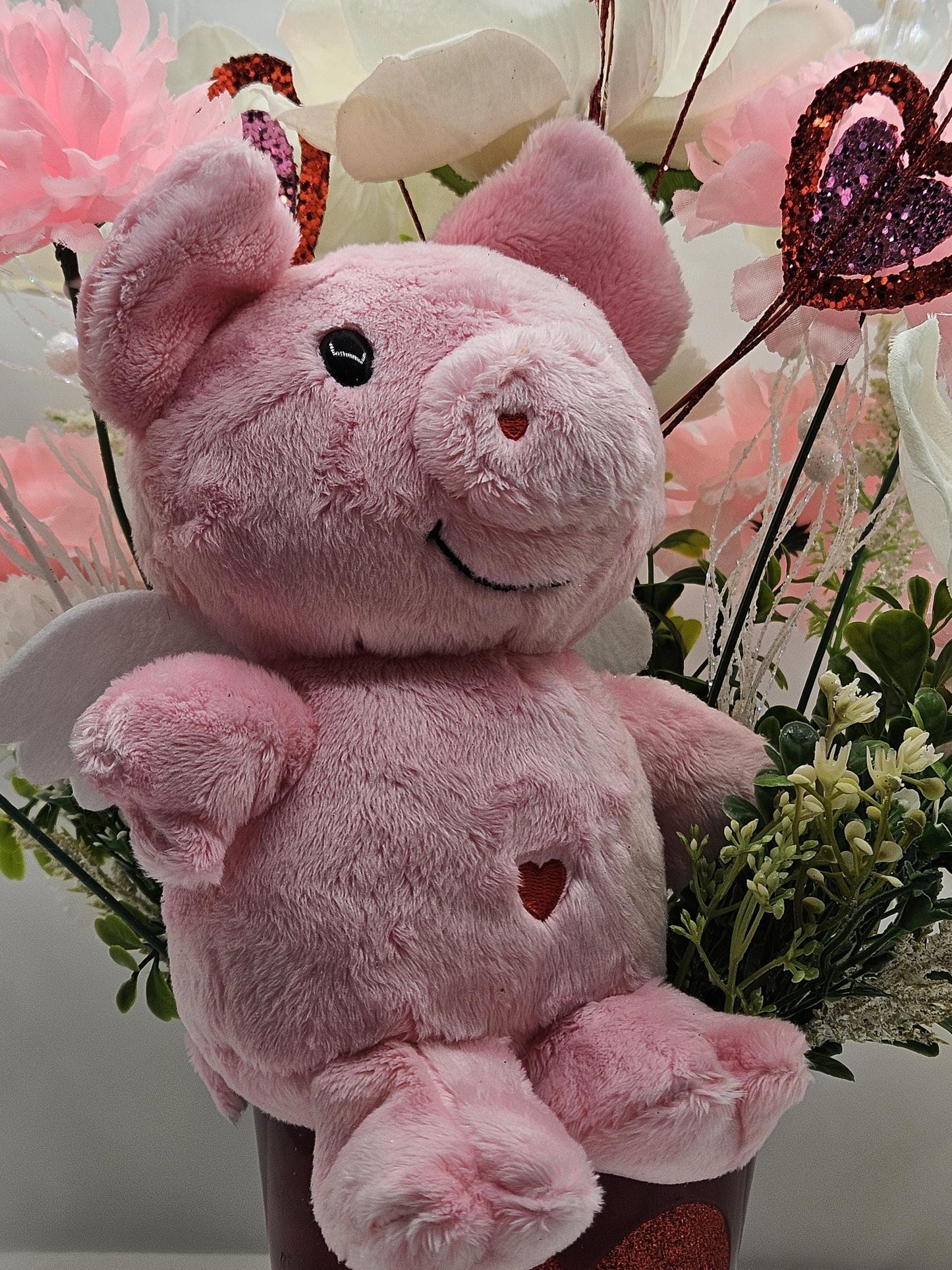 Love Teddy Bear or Flying Pig Floral Centerpiece, Roses Carnations Magnolias, Glittery Hearts, Home Decor, VALENTINE
