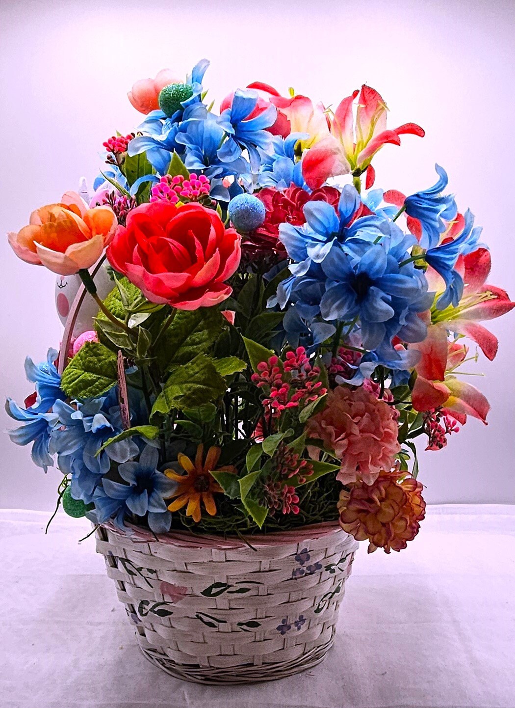 Springtime Delight Handmade Happy Easter Bunny Flower Basket with Glitter Eggs and Pastel Flowers