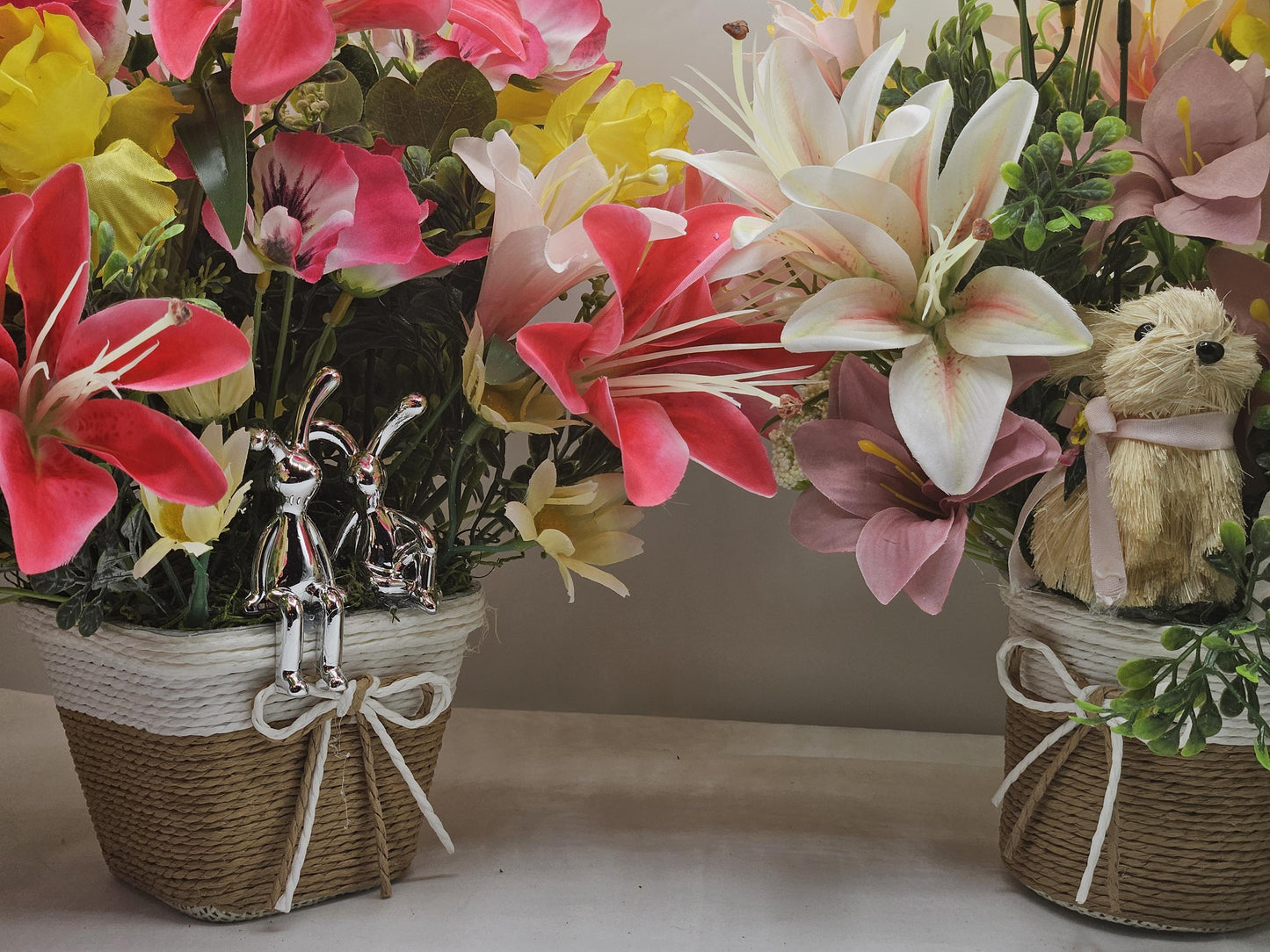 Lilies and Bunnies in a Wicker-Type Basket, 2 Options, Square or Round, Sophisticated Rabbits or Cute Rattan Bunny, Yellow w/Hot Pink/Mauve