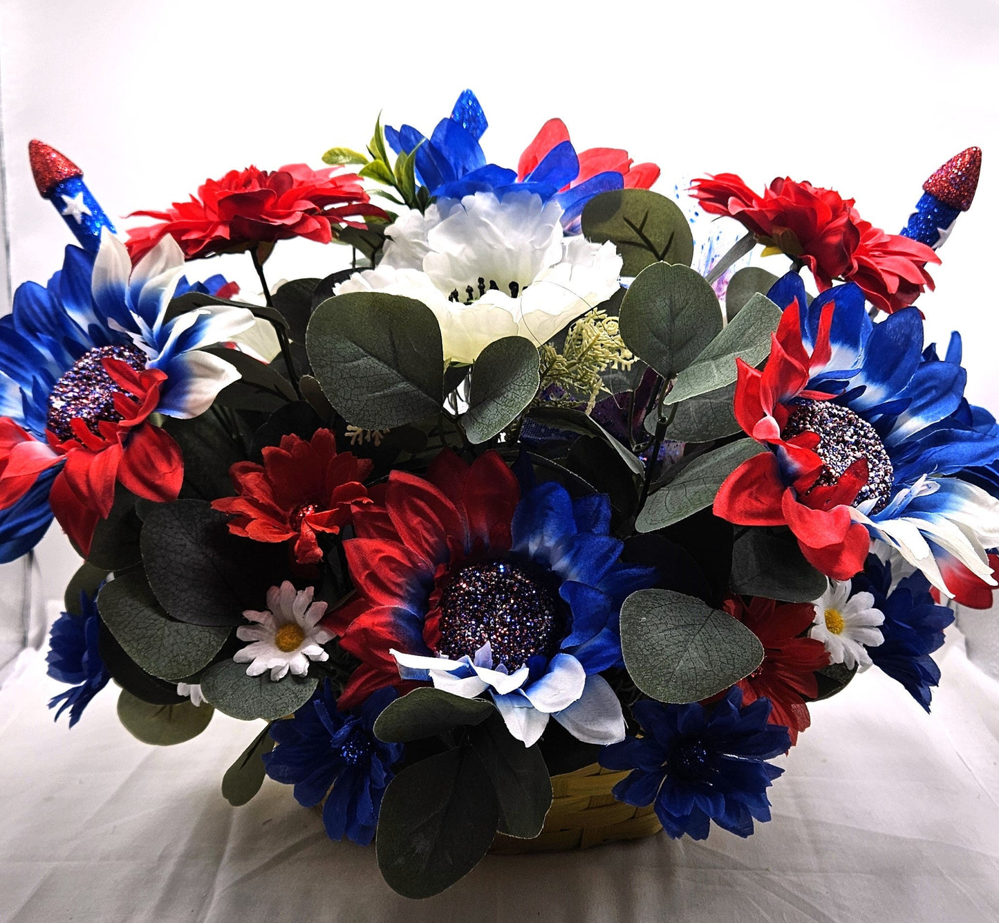 God Bless America Flower Arrangement, Patriotic Floral Sign, Red/White/Blue Top Hat, Daisies and Other Flowers, Fireworks, Stars