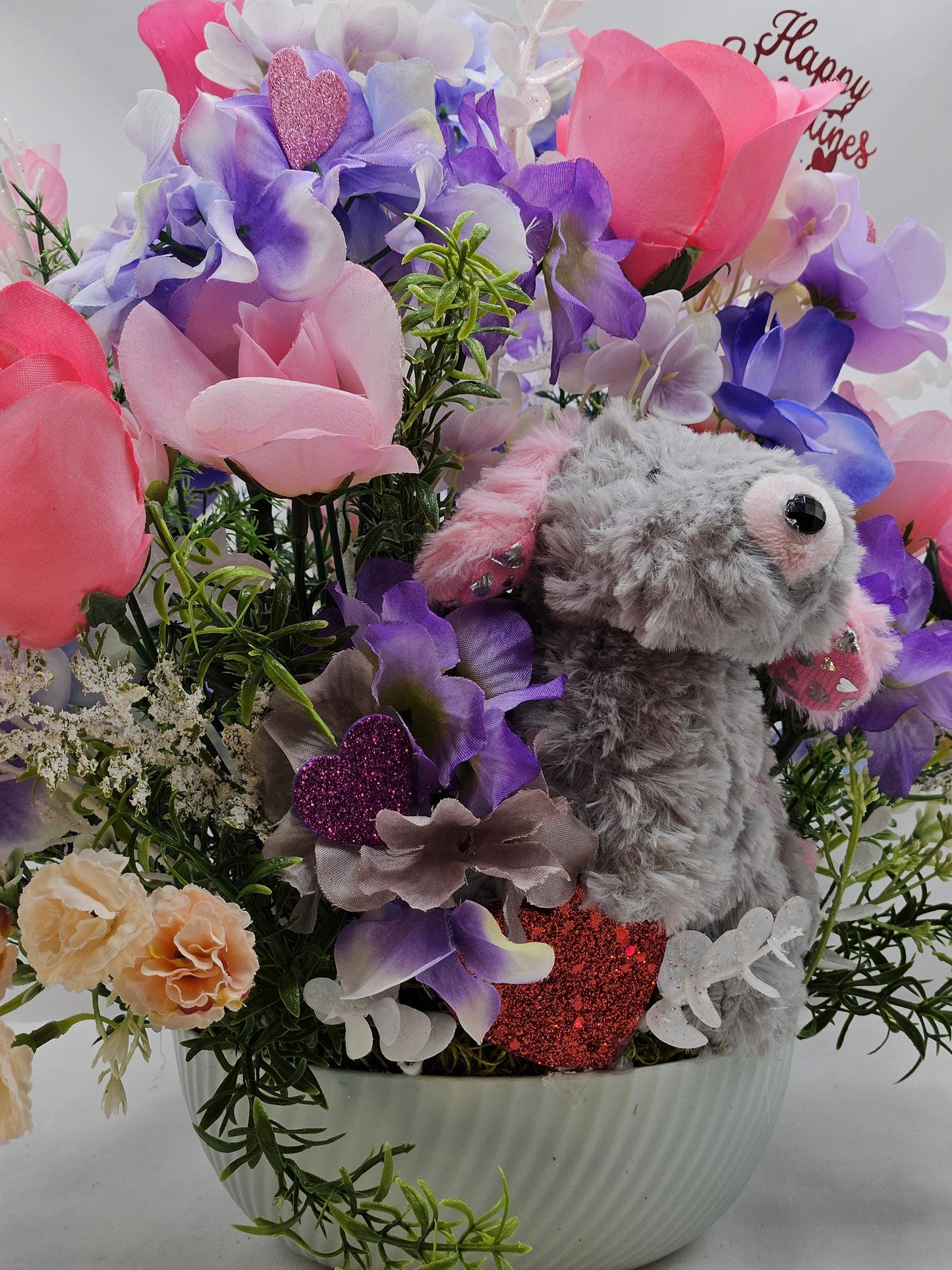 Valentine Romantic Decor, Fluffy Grey Puppy, Pink Roses Magic, Purple Flowers, White Glitter Shine, Gift, Greenery