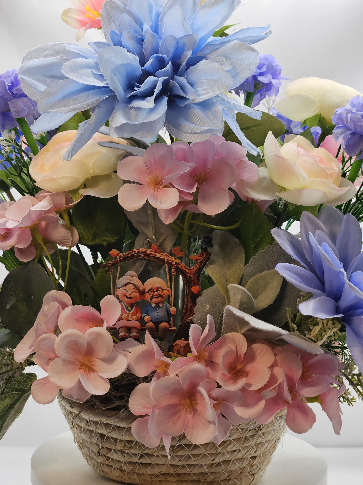 Romantic Flower Arrangement for Grandparents, Natural Woven Basket, Grandma and Grandpa on Swing, Pink Blue Florals