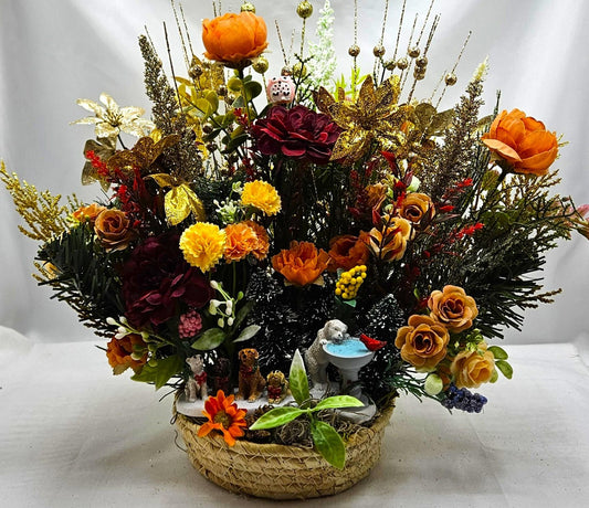 Dogs in the Park Flower Arrangement/Multi-Colored Winter/Spring Type Flowers/Pine/Greenery/Gold Glittery Accents/Dog Lover Gift