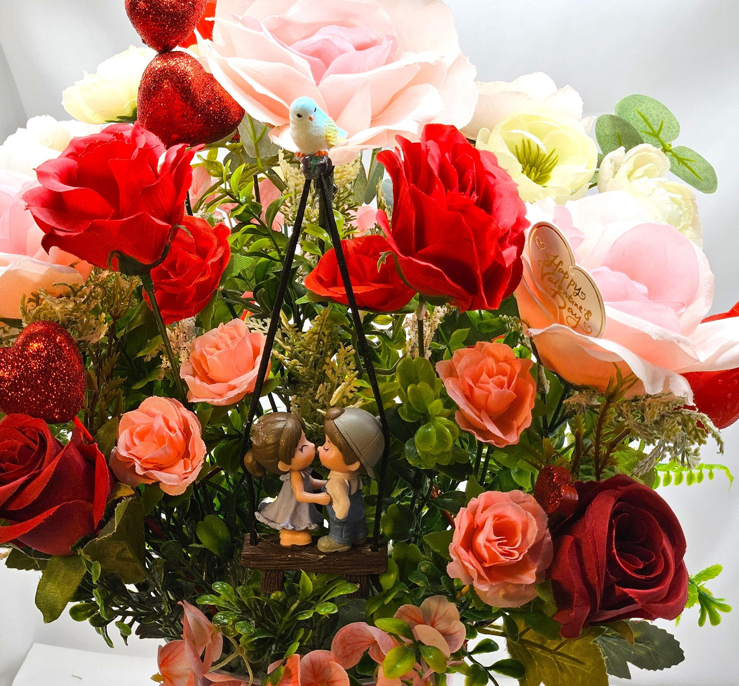 Sweetheart On A Swing Art, Garden Lover's Gift, Pink Rose, Red Rose, Love Expression, Flowers And Hearts
