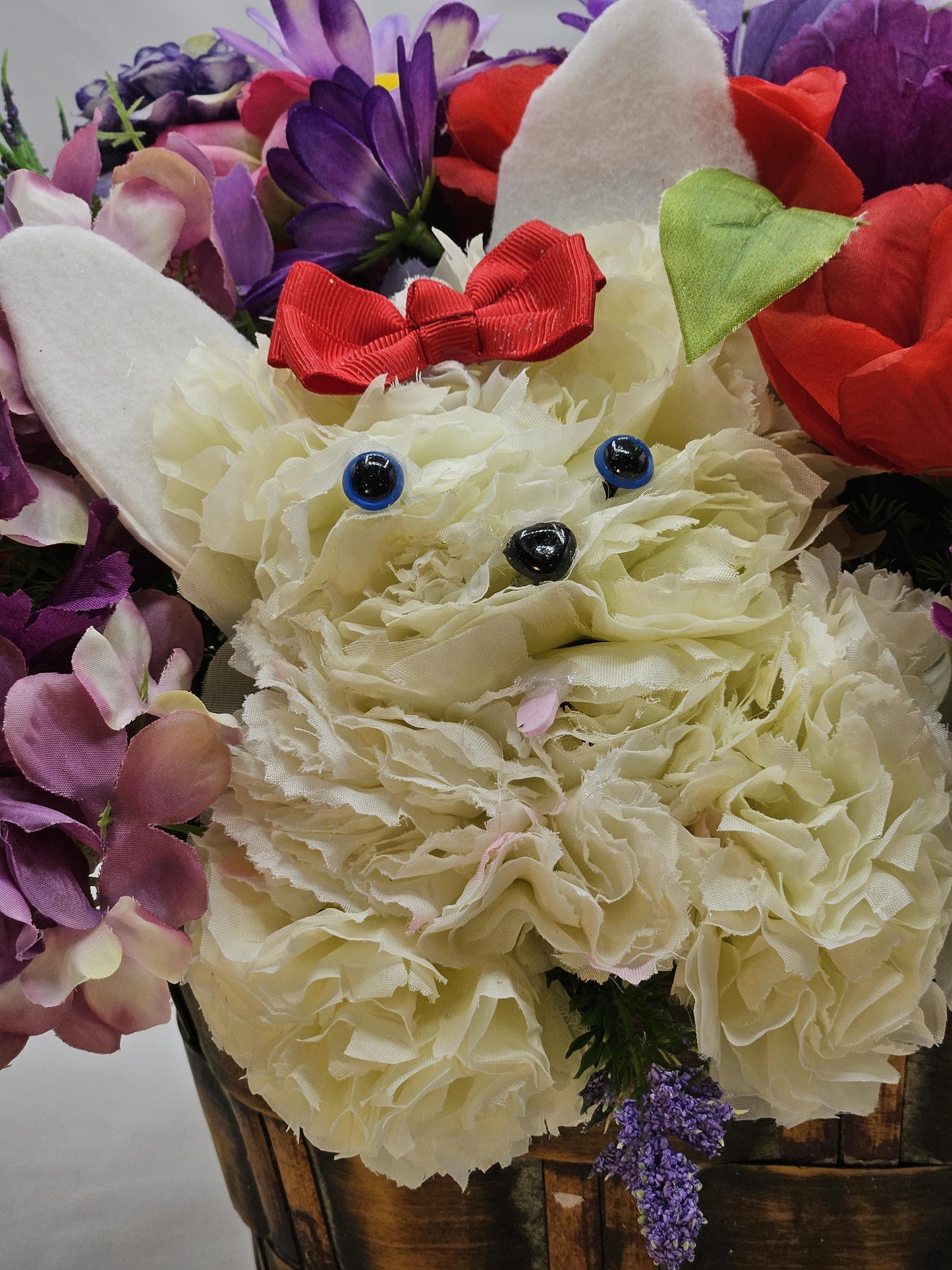 Handmade Carnation/Mum Flower Dogs/Two Options, in Box or Basket, Pieces filled w/Multi-Colored Sprimg/Summer Flowers/Greenery/Other Accents