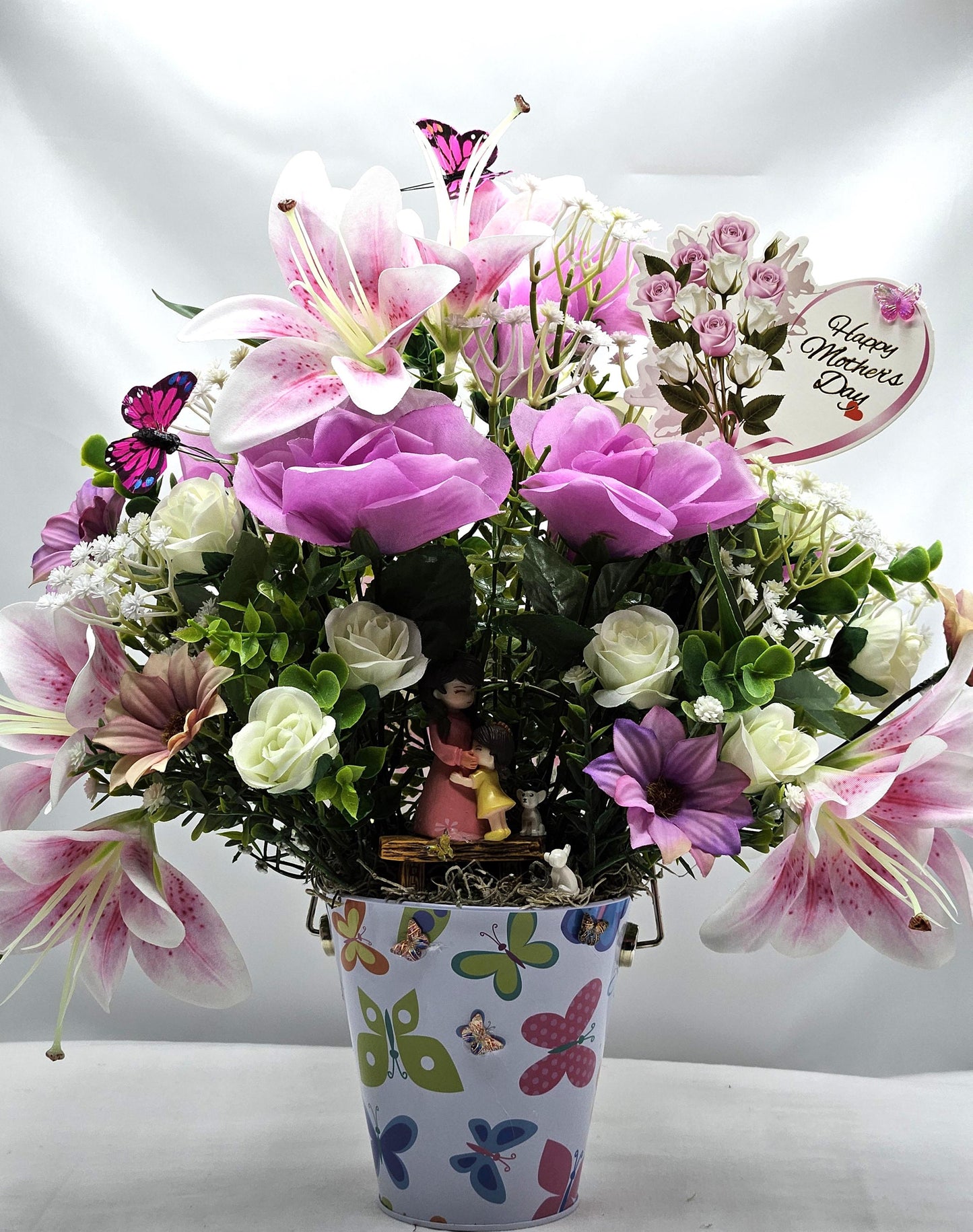 Love To Mom, Happy Mother's Day, I Love You Mom Floral Arrangement/Gift, 2 Options/Mother And Child/ Orange/Yellow Or Pink/Purple Florals