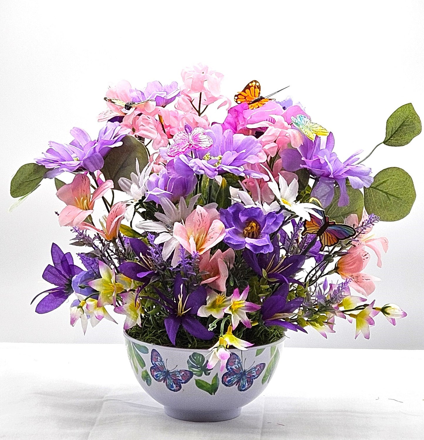 Bowl of Flowers for the Butterfly Lover,  Purple/Pink flowers, Several buterflies within the floral garden, Great Butterly Lover Gift