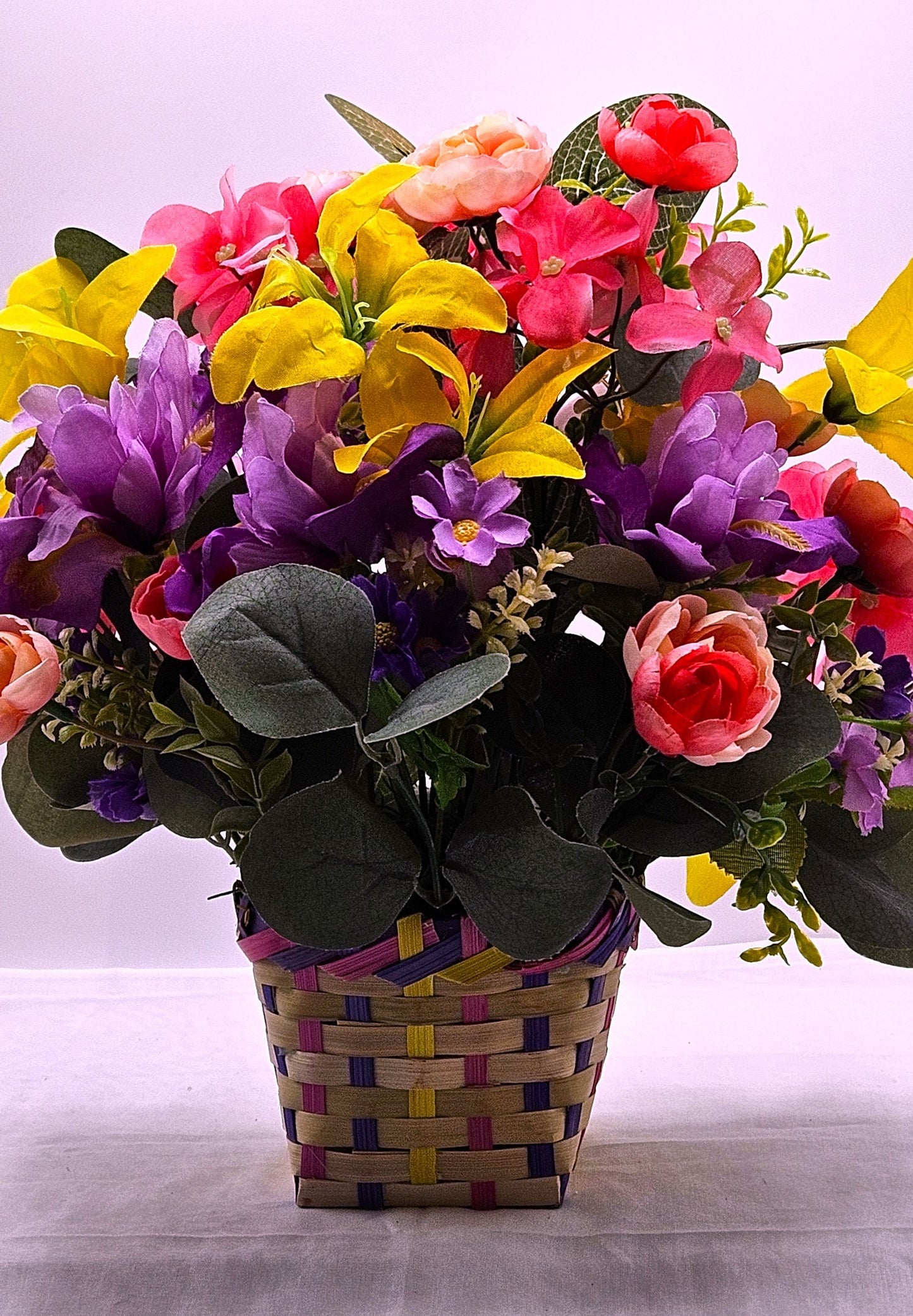 Cheerful Easter Bunnies with Spring Blooms in Easter Basket - 3 Options
