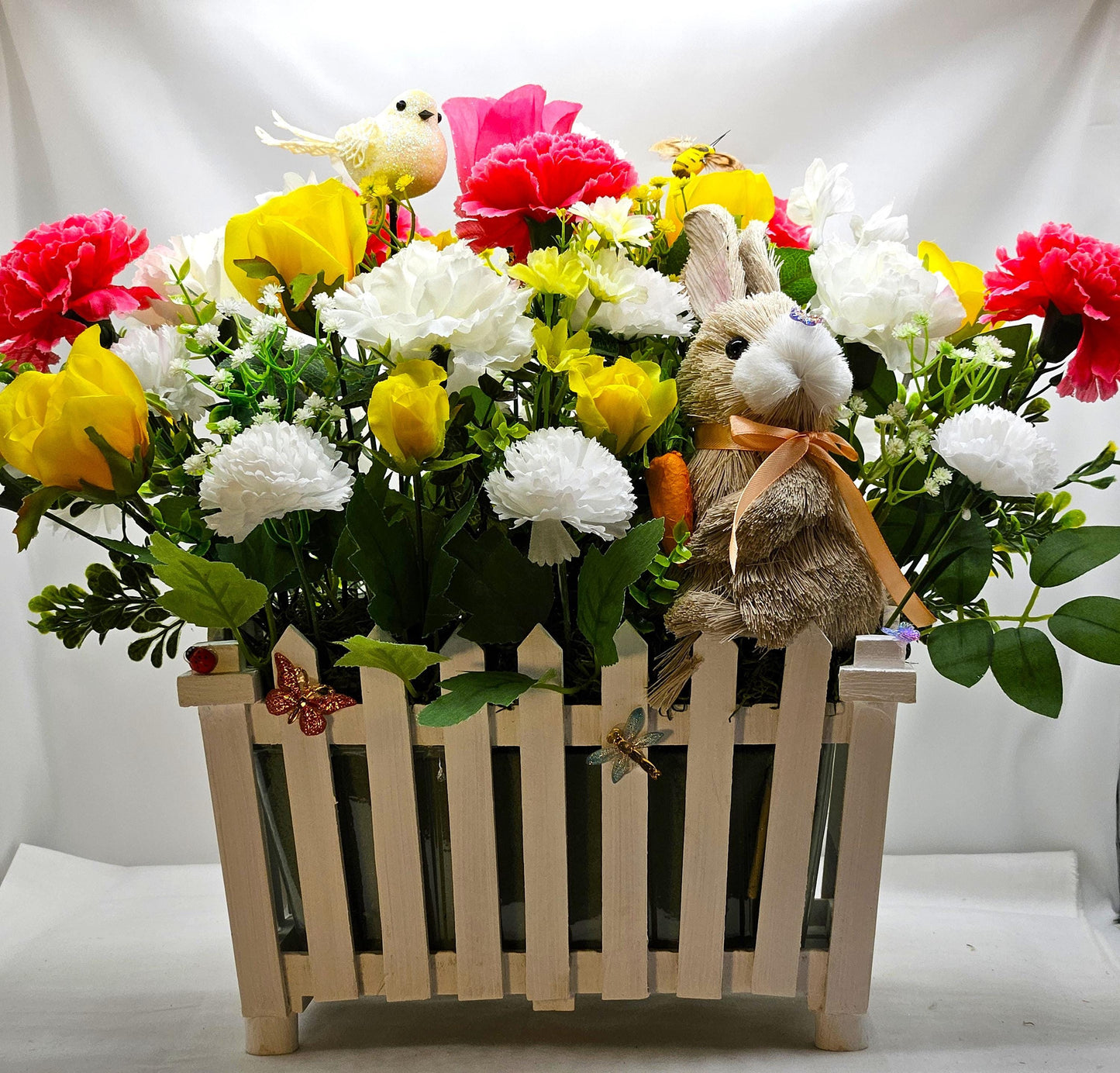 Spring/Summer Floral in Picket-Fence Look Flower Pot/with Bunny/Butterflies/Bee/Birds/Roses/Carnations/Other Vibrant Flowers/Greens