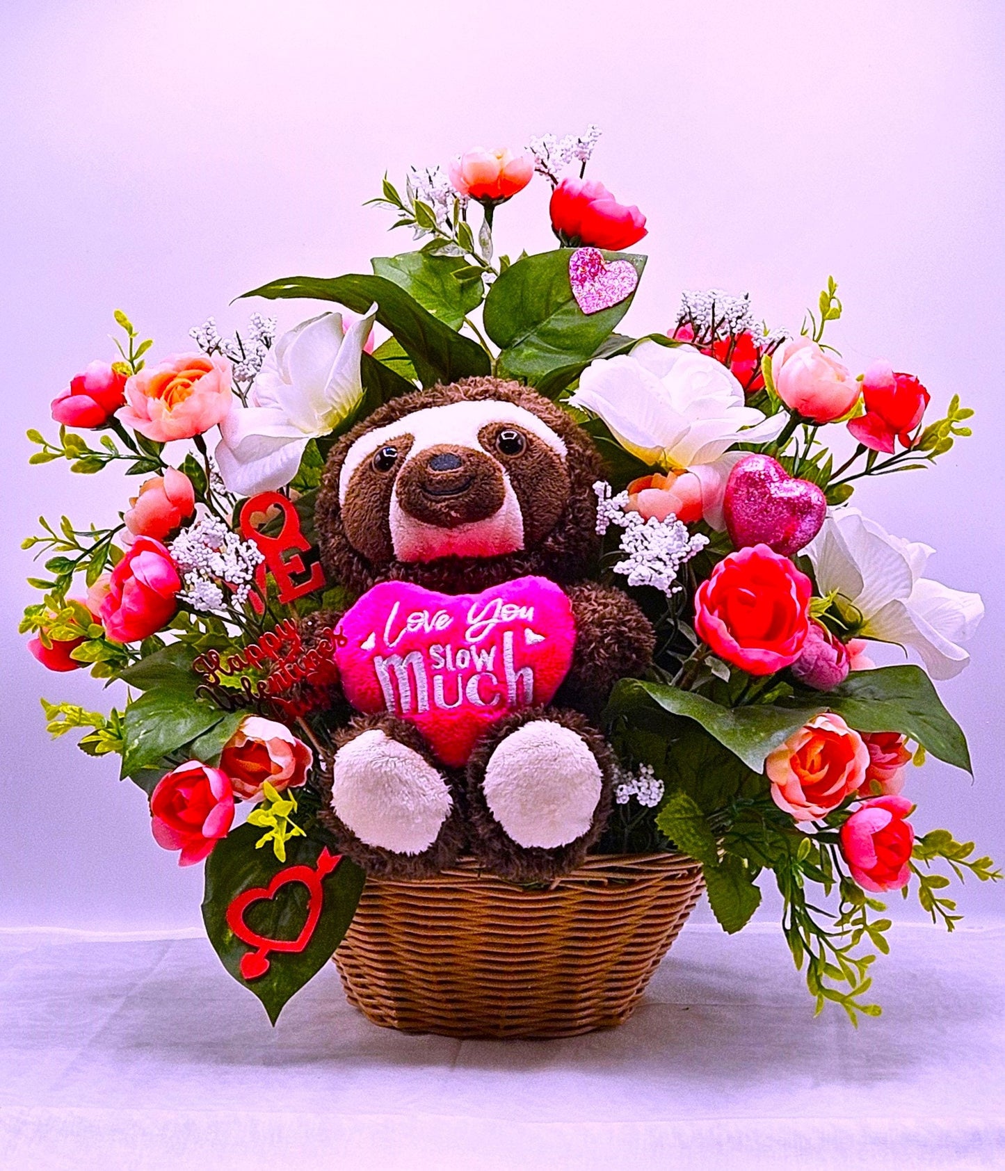 I Love You Slow Much" Sloth Themed Floral Decor, Cute Pink & White Arrangement with Hearts, Perfect Love Gift