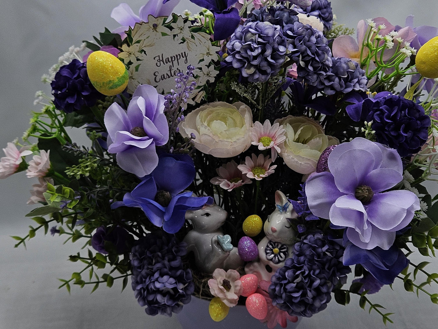 Easter/Spring Flower Arrangement/Purples/Lilac Flowers/Greenery/Cute Bunny Couple/Glittery Eggs/Happy Easter Sign/Easter Accens/Lilac Dish