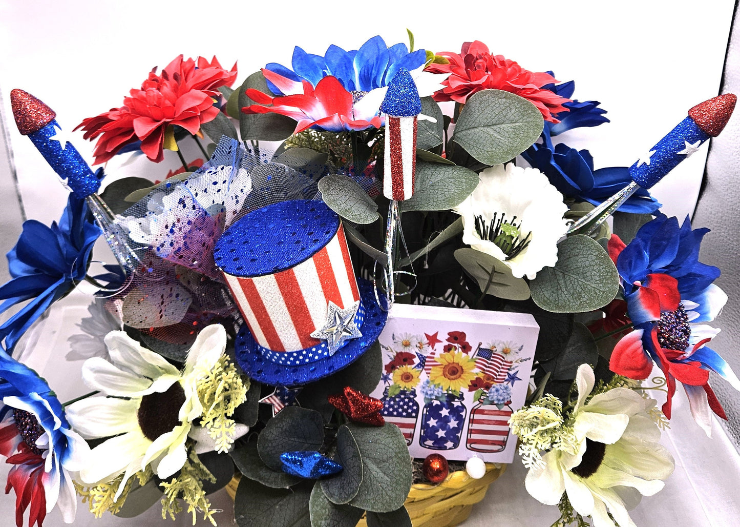 God Bless America Flower Arrangement, Patriotic Floral Sign, Red/White/Blue Top Hat, Daisies and Other Flowers, Fireworks, Stars