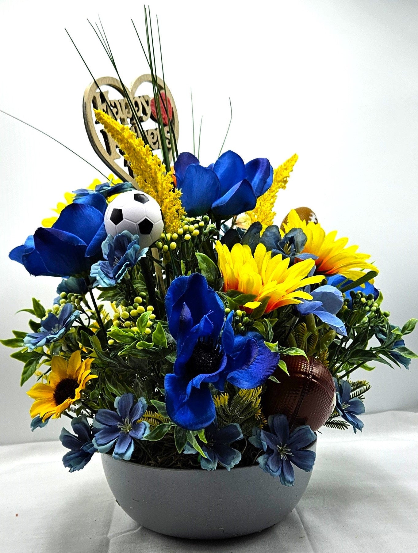 Father's Day Sports Themed Gift - Gray Dish with Wildflowers & Football/Soccer/Basketball - Unique Dad Gift Any Occasion