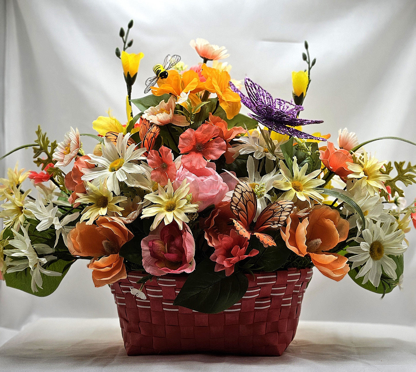 Wildflower Basket with Butterflies, Hot Pink Floral Container, Yellow Flower Basket, Gifts for Flower Lovers