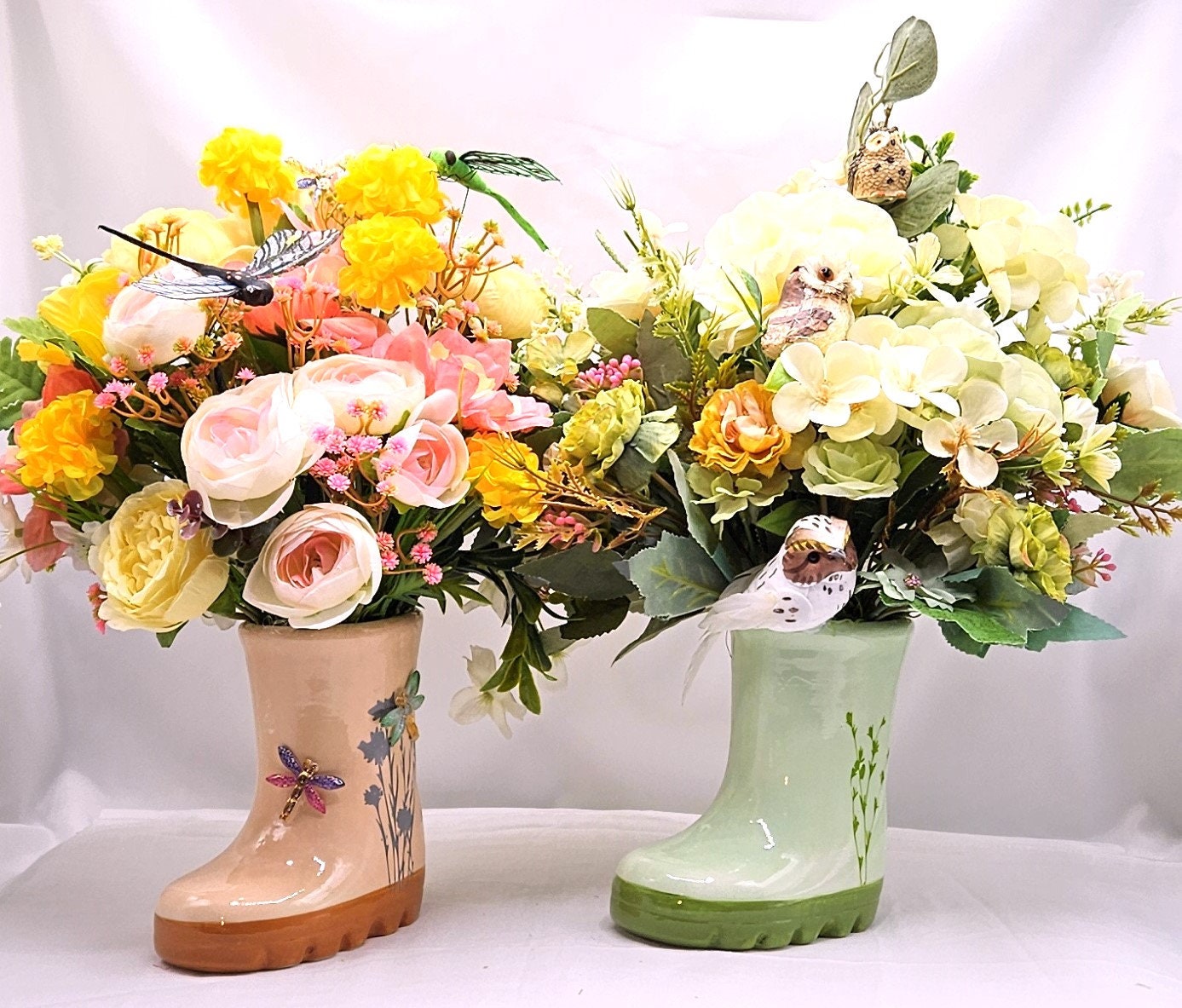 Rainboot Flower Arrangement  Dragon Fly in yellow/peach Colors, Great Gift for Her, Birthday Gift, Great for the DragonFly Lover