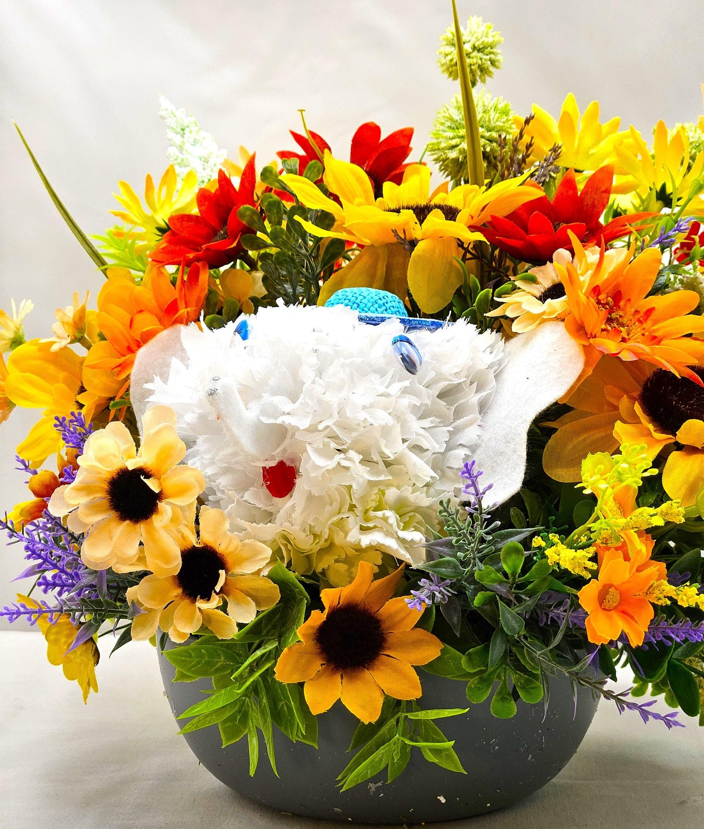 Faux Silk Carnation Elephant Flower Arrangement Amidst Colorful Wildflowers, Elephant Lover Gift, Birthday, Get Well, Thinking of You Gift