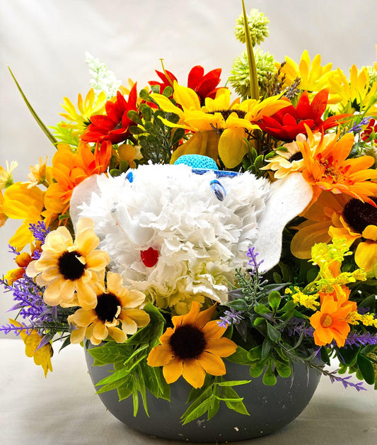Faux Silk Carnation Elephant Flower Arrangement Amidst Colorful Wildflowers, Elephant Lover Gift, Birthday, Get Well, Thinking of You Gift
