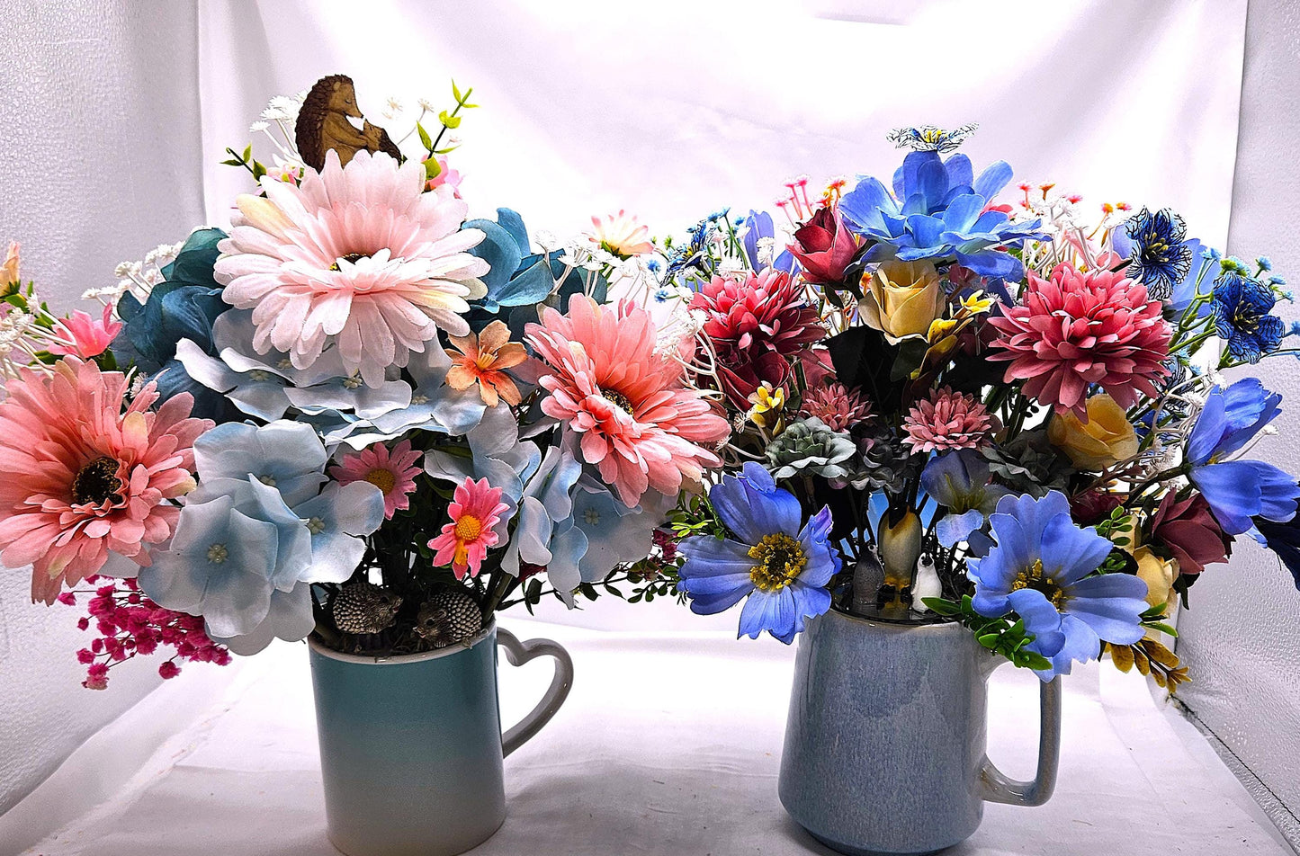 Pretty mugs filled with flowers and a twist of nature/2 options/Hedgehogs or Penquins/Vibrant and Colorful Florals/Blues/Pinks/Grennery