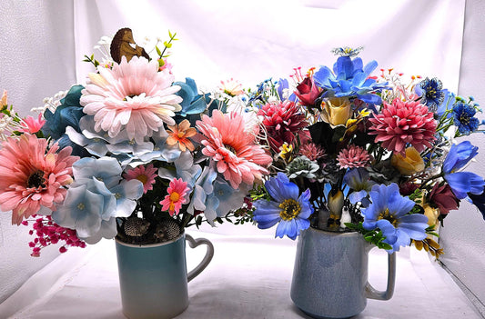 Pretty mugs filled with flowers and a twist of nature/2 options/Hedgehogs or Penquins/Vibrant and Colorful Florals/Blues/Pinks/Grennery