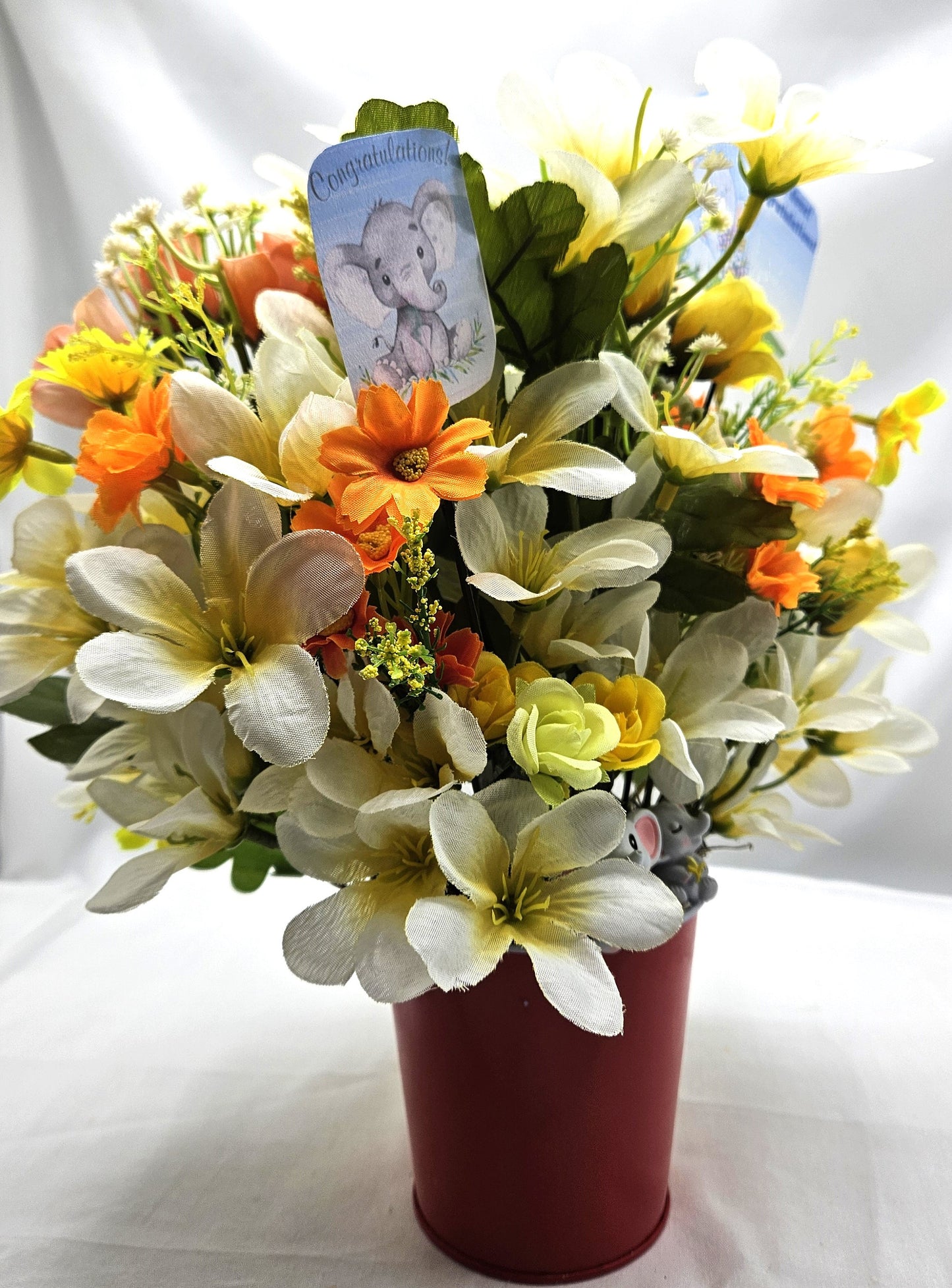 Congratulations Elephant Flower Arrangement - Yellow & White Flowers in Red Bucket, with Heartfelt Messages, Congratulations Gift