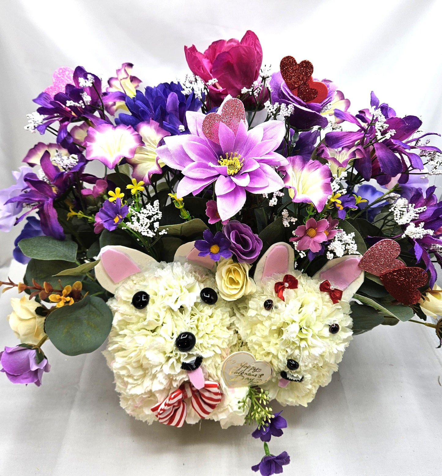 Handmade Carnation Dog Couple, Lilac Purple Pink Flowers, Greenery, Hearts, Valentine Sign, Sweetheart Gift