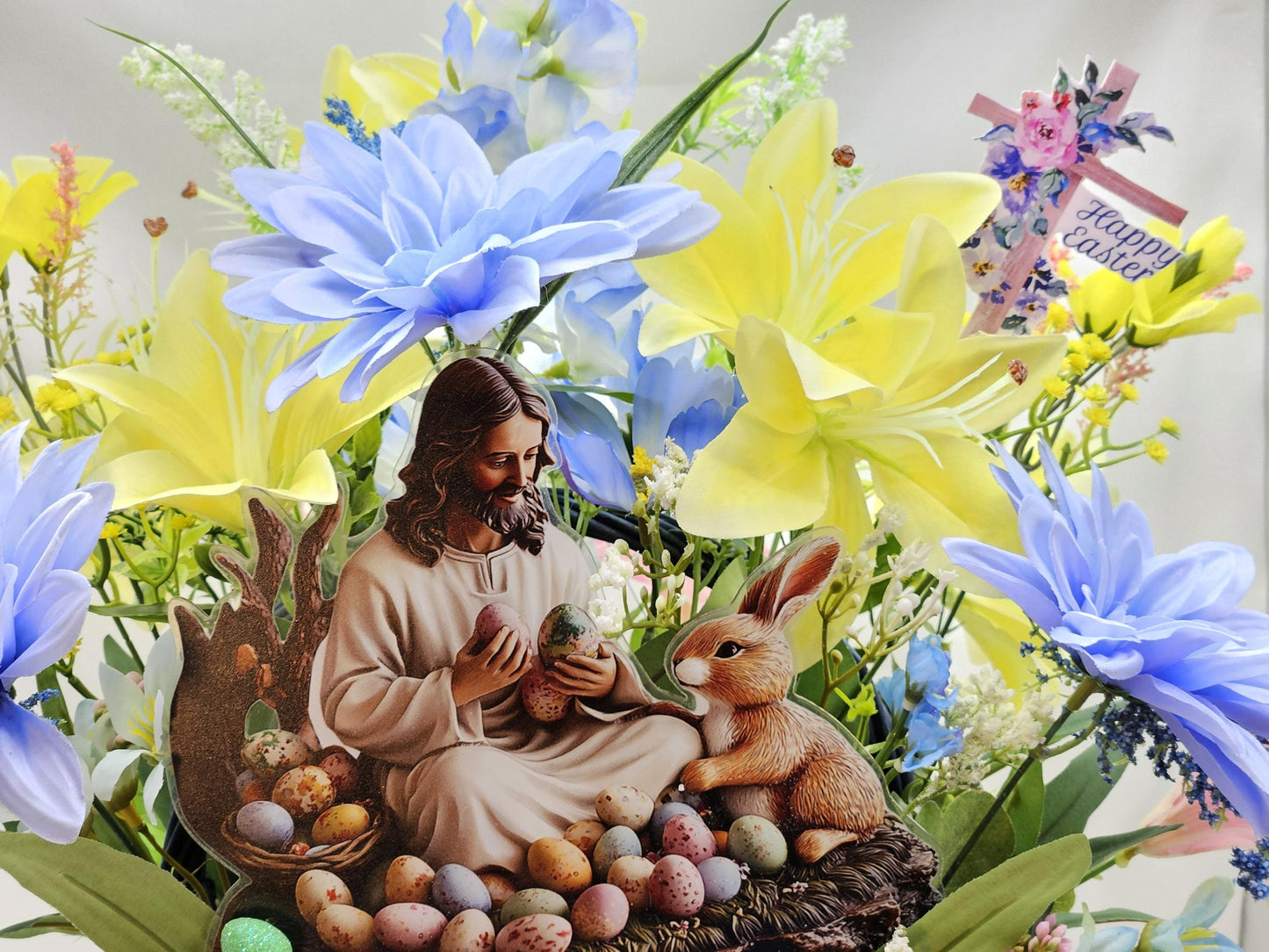 Jesus Sitting with Bunny in Easter Egg Garden and Blue/Yellow Spring Flowers/Other Egg and Bunny Accents, Happy Easter Sign