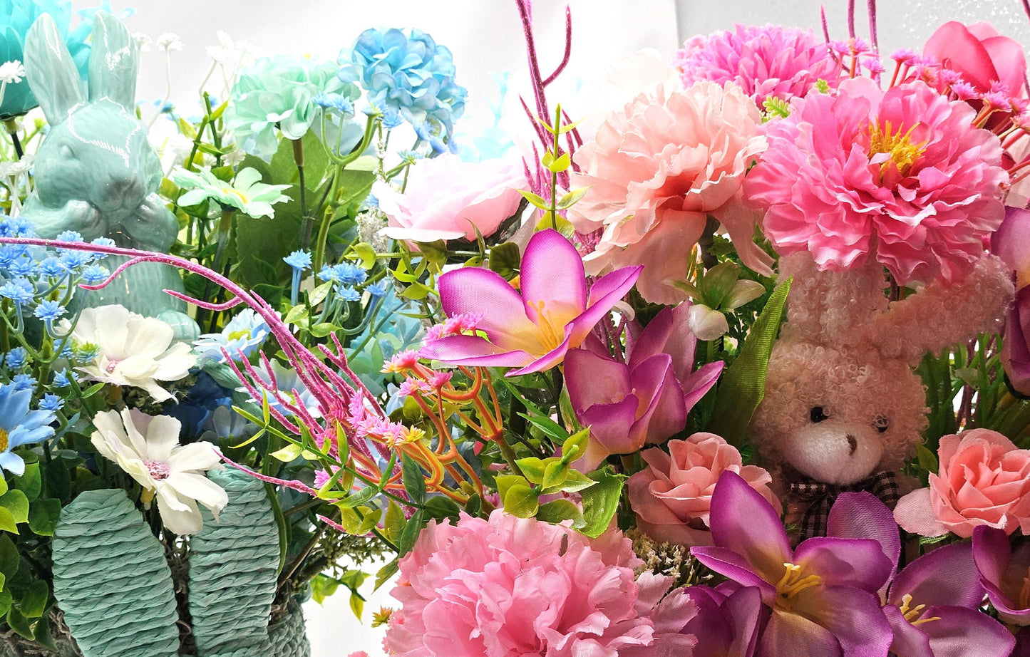 Easter Basket Gifts in 3 Colors, Pink/Yellow/Aqua, Each with a Bunny Accent, colorful Flowers, Lots of Glitter and Greenery, Great Gift Idea