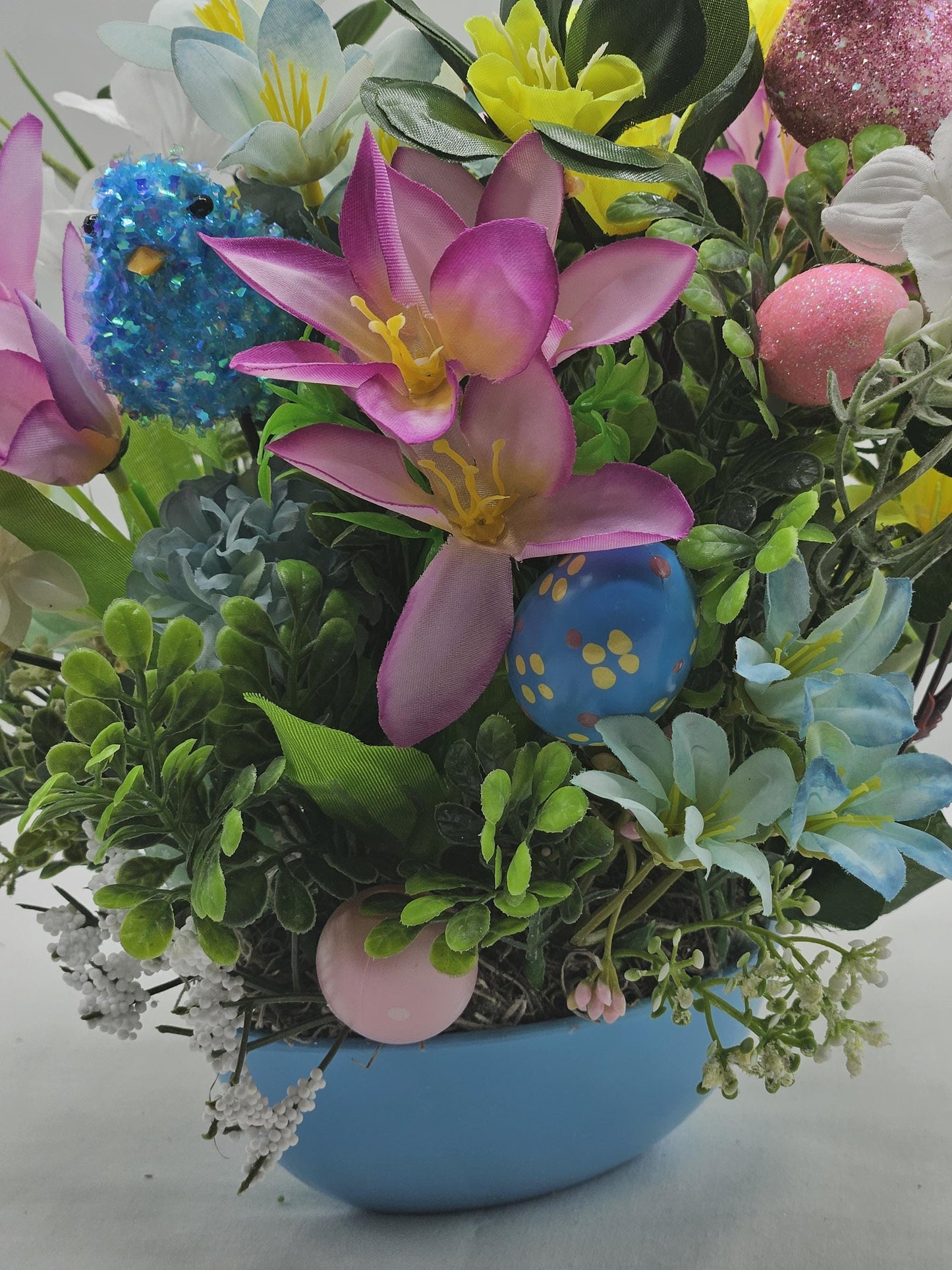 Easter Floral Set in Blue Easter Egg Shaped Dish, Geat for Gifting or Decor, Lilac/Blue/White Flowers/Greens, Glitter Chicks/Easter Accents