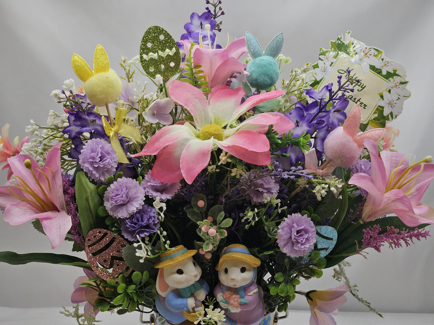 Whimsical Easter Centerpieces/Egg-Decorated Pail, 2 Options, A Ciute Rabbit Couple orr Bunnies in a Basket, Bunny/Egg Accents/Bright Florals