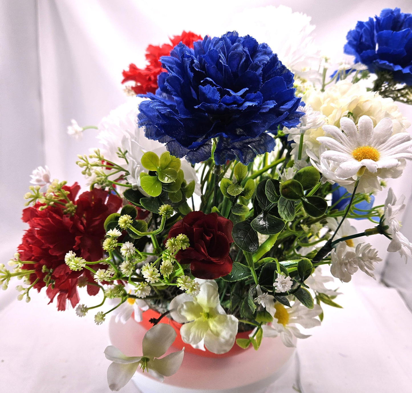 Patriotic Flower Arrangement, Heart-Shaped Dish, Red White Blue Flowers, Patriotic Decor, Celebrative Gift