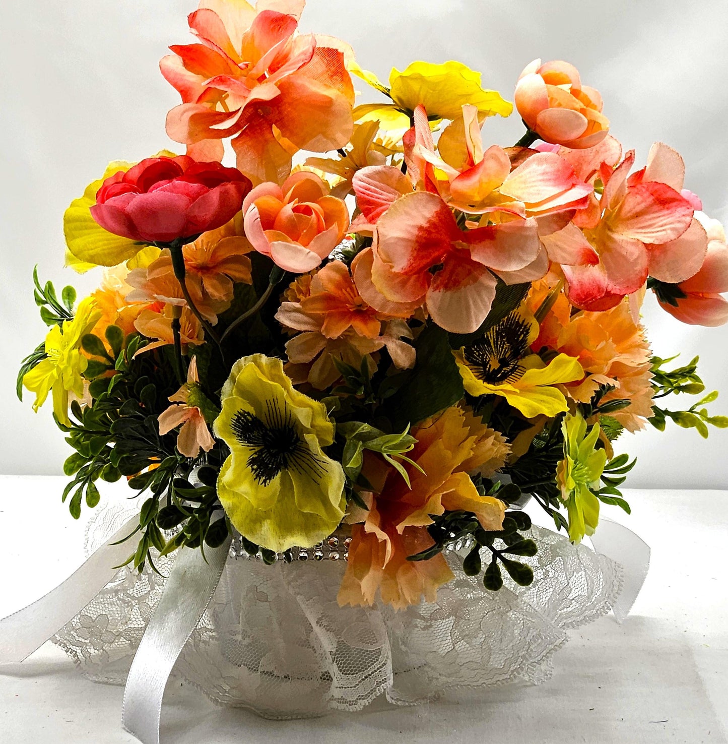 Silk Flowers/Small Satin/Lace Baskets/2 Options/Bunnies w/Peach/Yellow or Peach/Blue Pansies/Roses/Other Flowers/Greenery.Crystals/Pearls/