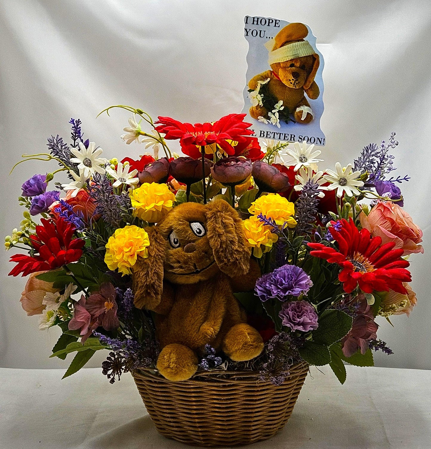 Get Well Floral Centerpiece with Cute Dog/Lift Someones Spirit W/This Charming Gift/Chase Away the Blue sand Make Someone Smile/Colorful
